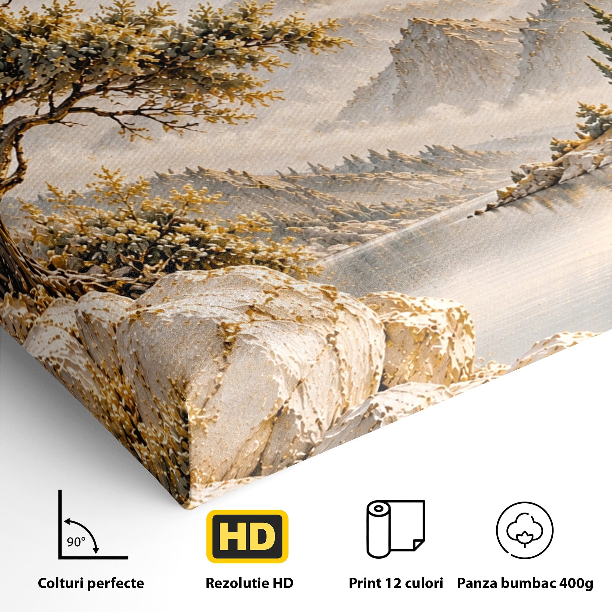 Tablou Canvas Premium LuxCanva® PI1418, Taramul Serenitatii, Peisaj, Munti, Lac, Natura, Calm, Culori Vibrante, Living, Dormitor