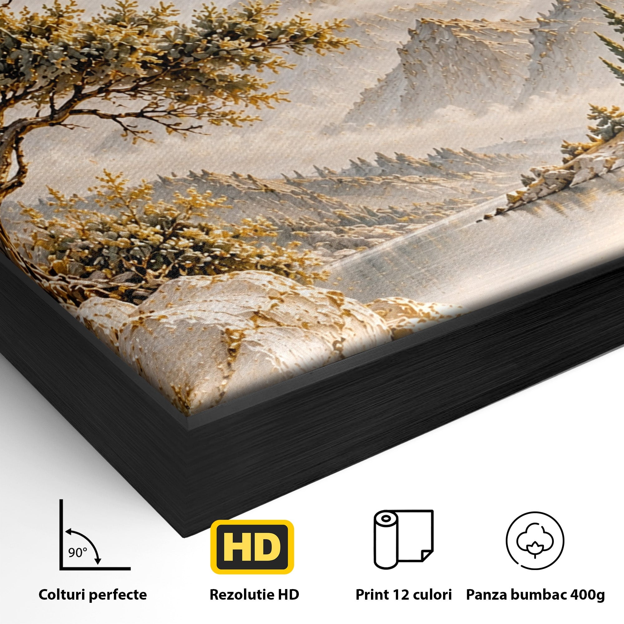 Tablou Canvas Premium LuxCanva® PI1418, Taramul Serenitatii, Peisaj, Munti, Lac, Natura, Calm, Culori Vibrante, Living, Dormitor