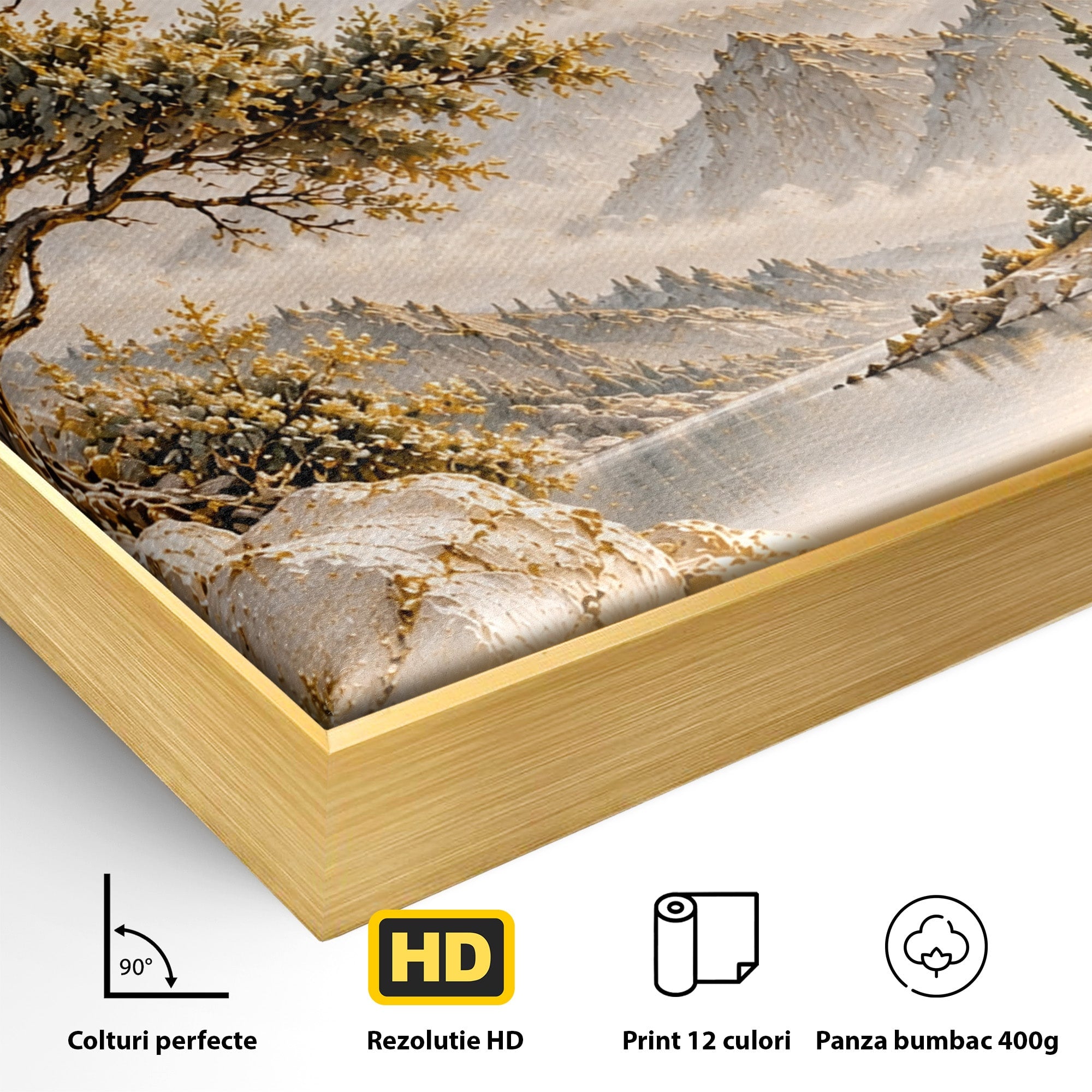 Tablou Canvas Premium LuxCanva® PI1418, Taramul Serenitatii, Peisaj, Munti, Lac, Natura, Calm, Culori Vibrante, Living, Dormitor