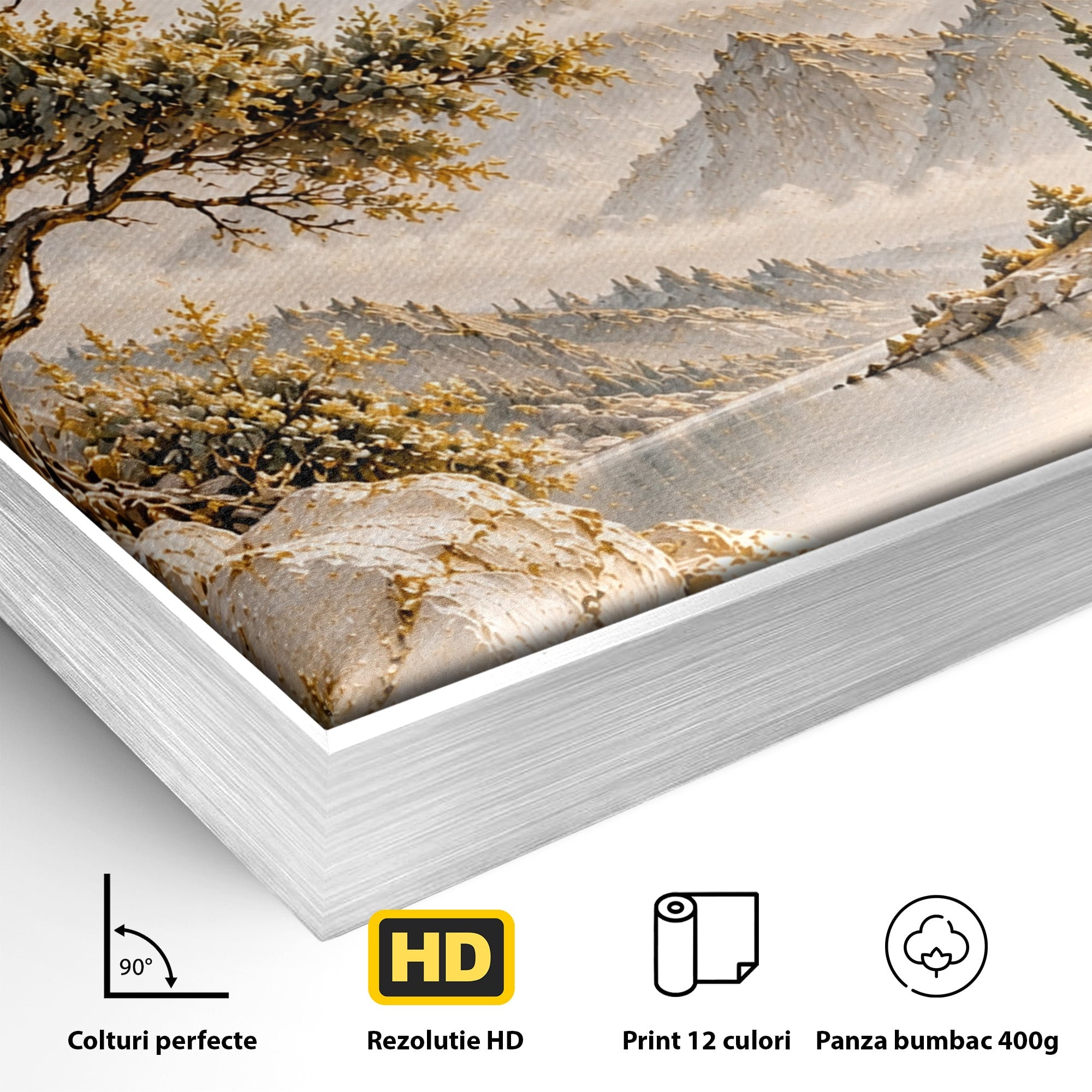 Tablou Canvas Premium LuxCanva® PI1418, Taramul Serenitatii, Peisaj, Munti, Lac, Natura, Calm, Culori Vibrante, Living, Dormitor