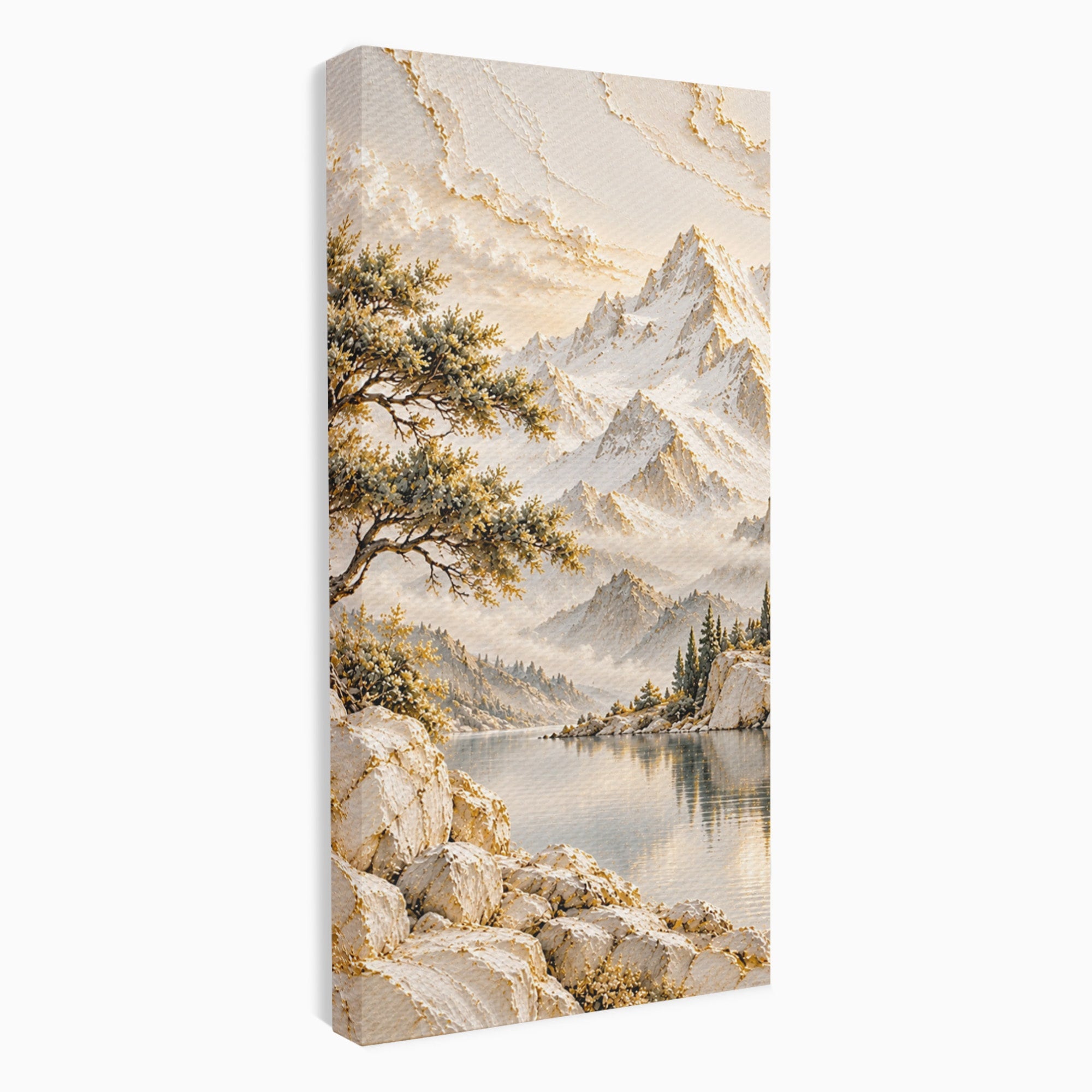 Tablou Canvas Premium LuxCanva® PI1418, Taramul Serenitatii, Peisaj, Munti, Lac, Natura, Calm, Culori Vibrante, Living, Dormitor