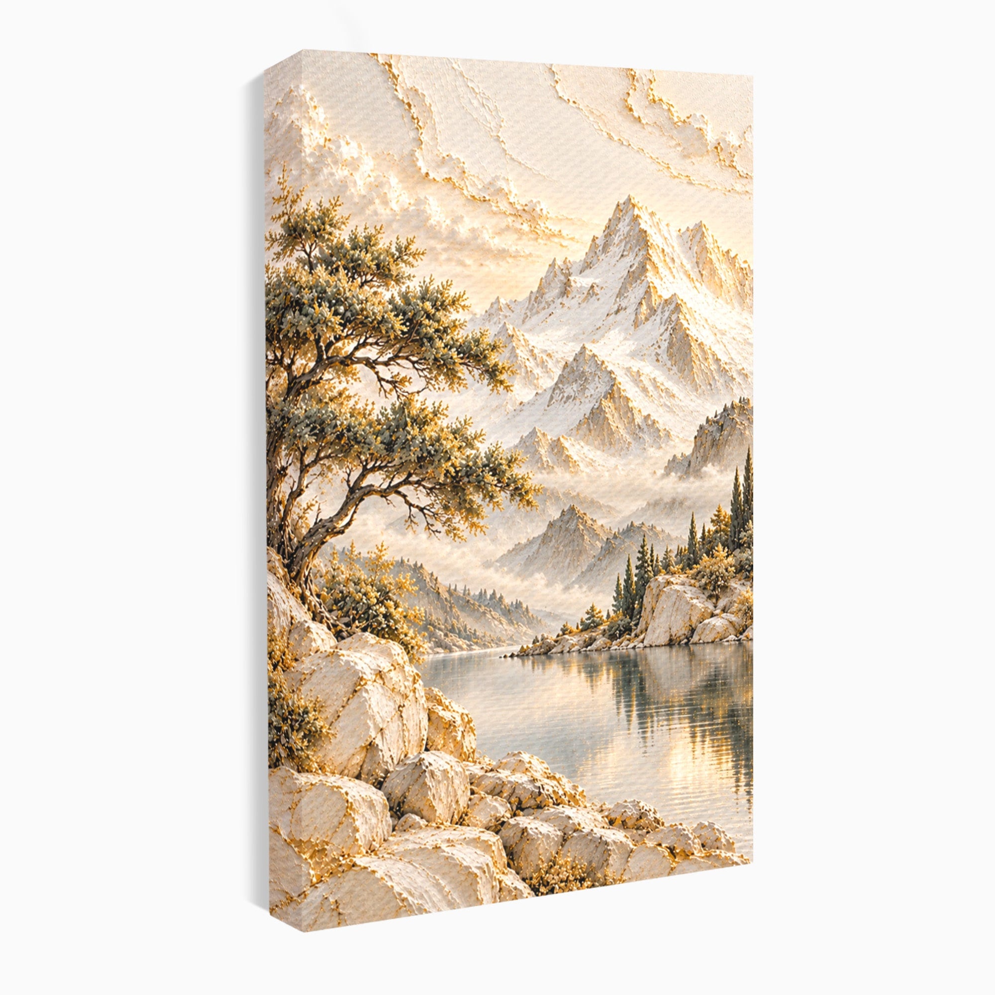 Tablou Canvas Premium LuxCanva® PI1418, Taramul Serenitatii, Peisaj, Munti, Lac, Natura, Calm, Culori Vibrante, Living, Dormitor