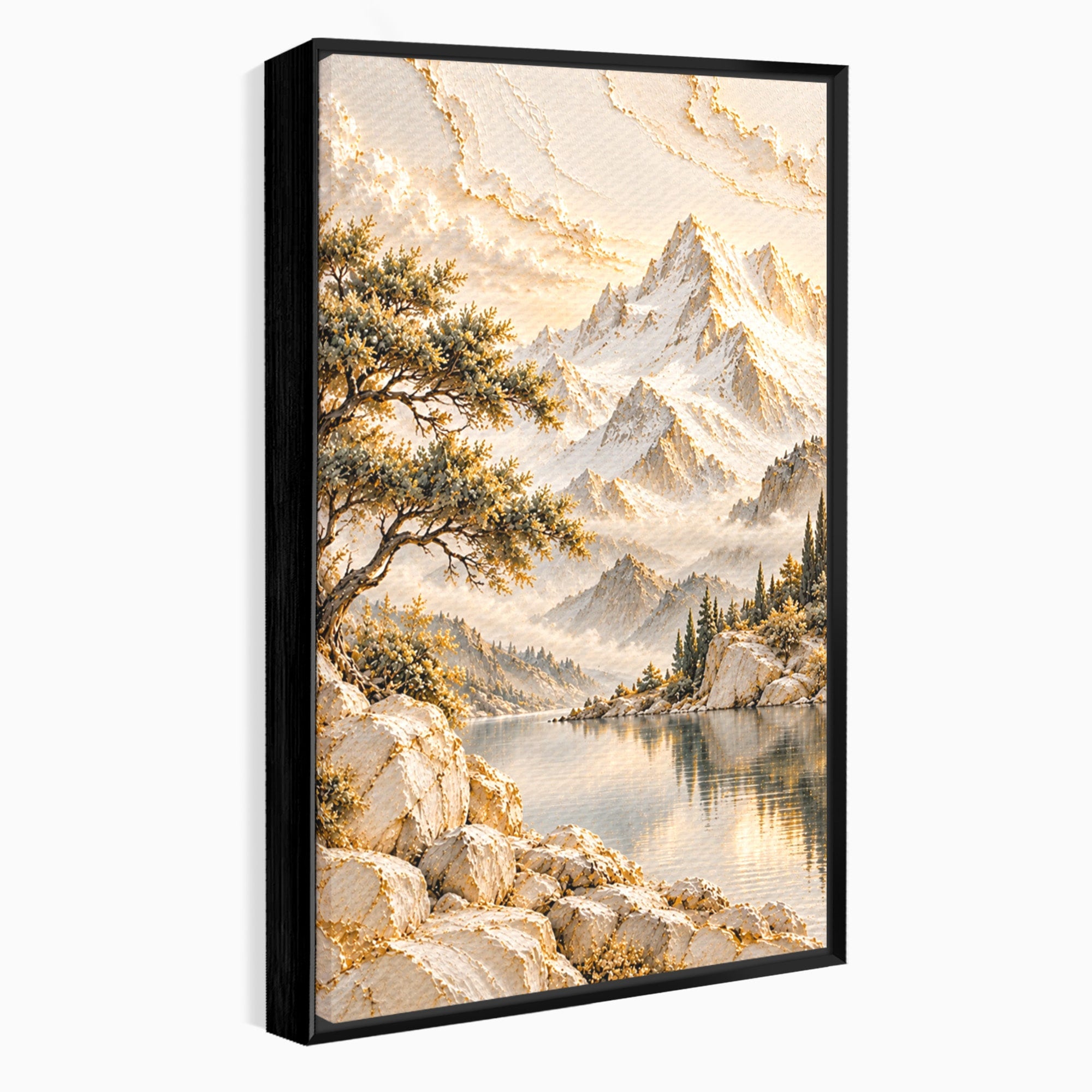 Tablou Canvas Premium LuxCanva® PI1418, Taramul Serenitatii, Peisaj, Munti, Lac, Natura, Calm, Culori Vibrante, Living, Dormitor