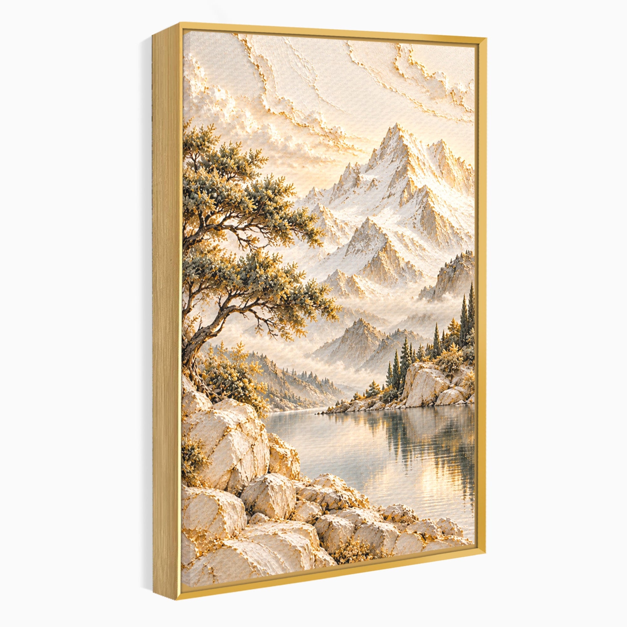 Tablou Canvas Premium LuxCanva® PI1418, Taramul Serenitatii, Peisaj, Munti, Lac, Natura, Calm, Culori Vibrante, Living, Dormitor