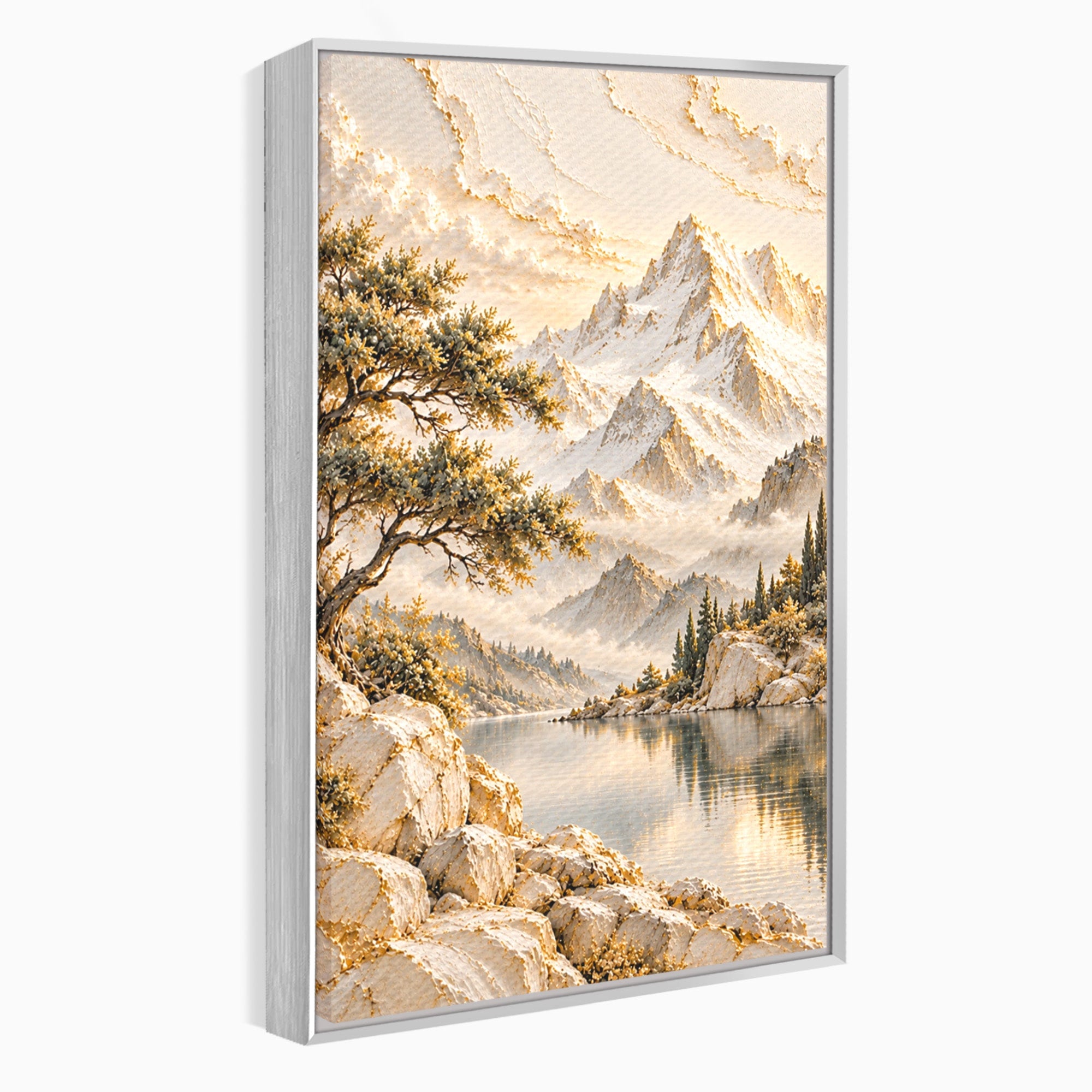 Tablou Canvas Premium LuxCanva® PI1418, Taramul Serenitatii, Peisaj, Munti, Lac, Natura, Calm, Culori Vibrante, Living, Dormitor