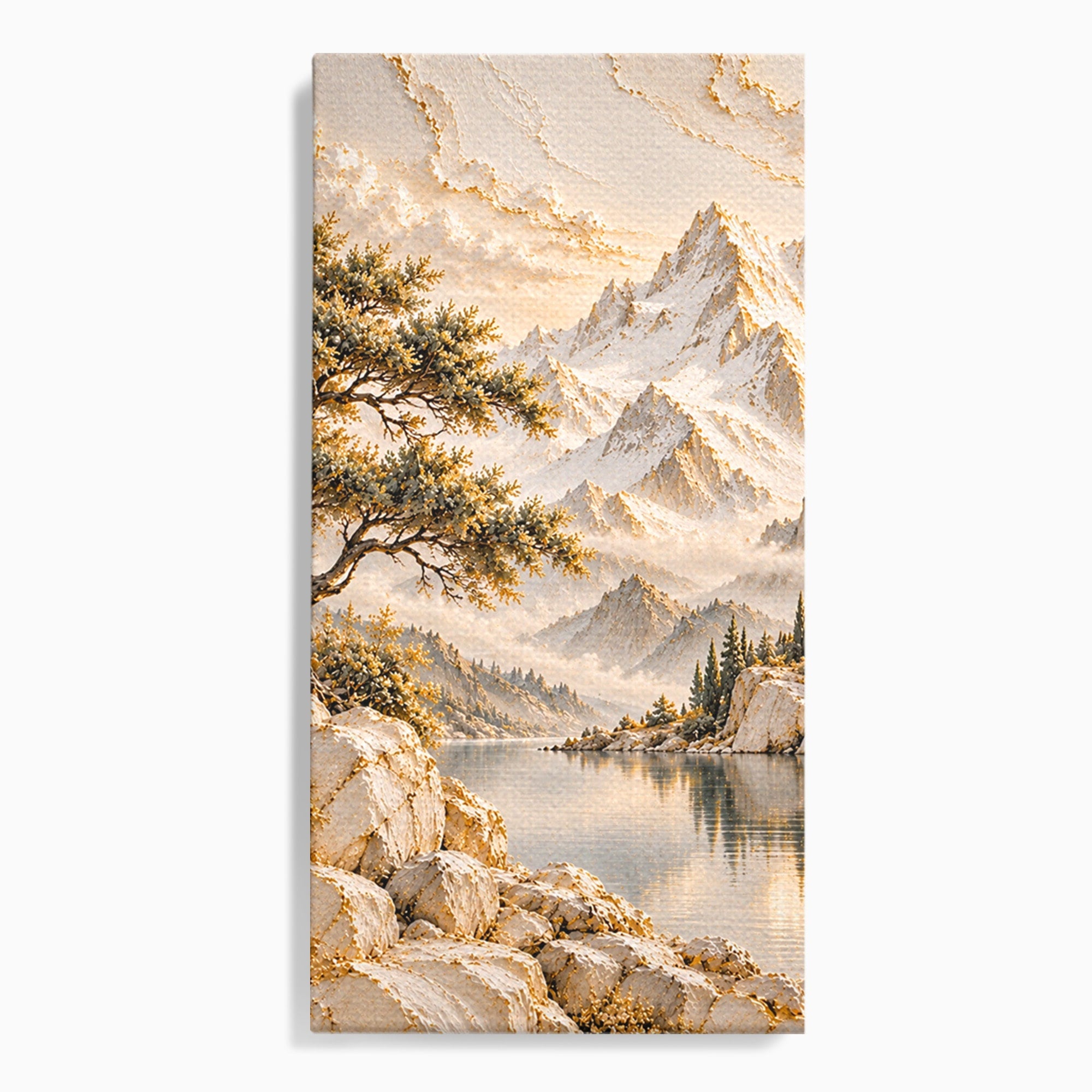 Tablou Canvas Premium LuxCanva® PI1418, Taramul Serenitatii, Peisaj, Munti, Lac, Natura, Calm, Culori Vibrante, Living, Dormitor