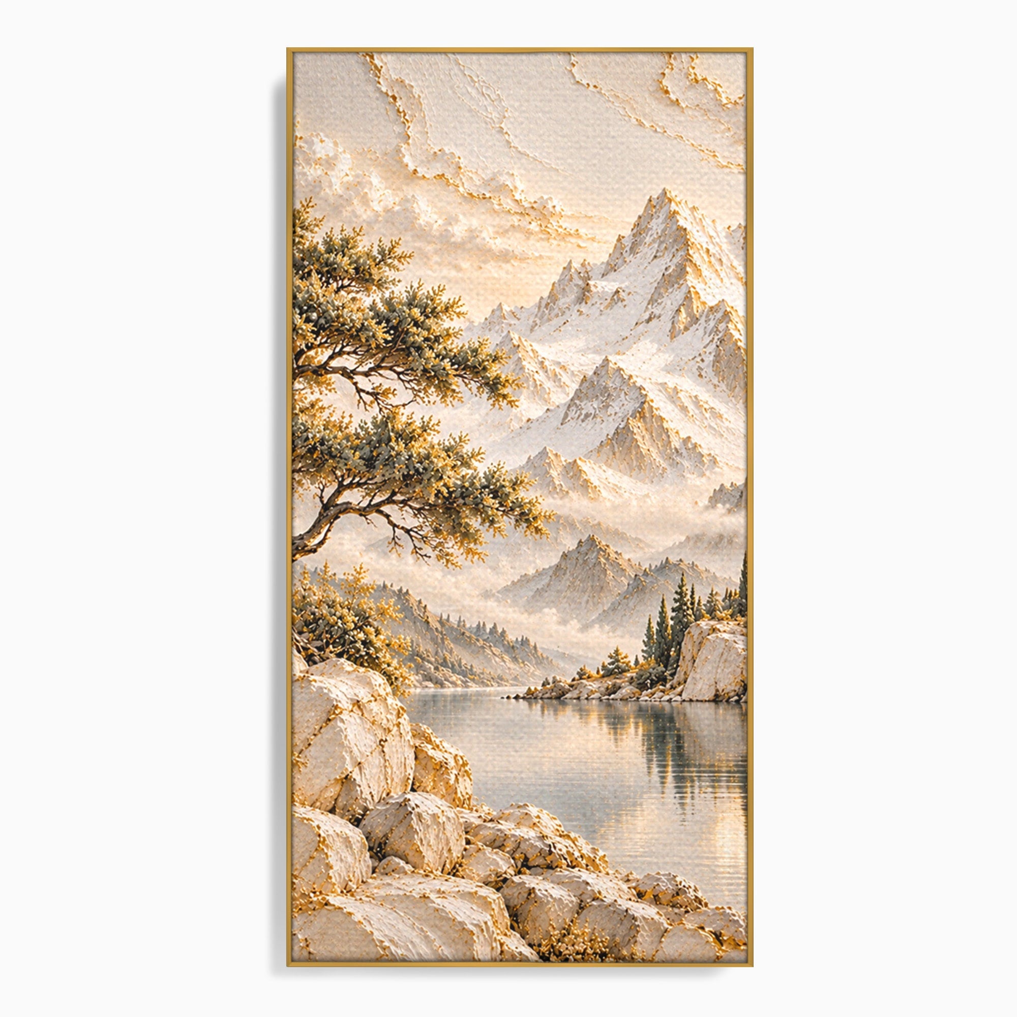 Tablou Canvas Premium LuxCanva® PI1418, Taramul Serenitatii, Peisaj, Munti, Lac, Natura, Calm, Culori Vibrante, Living, Dormitor