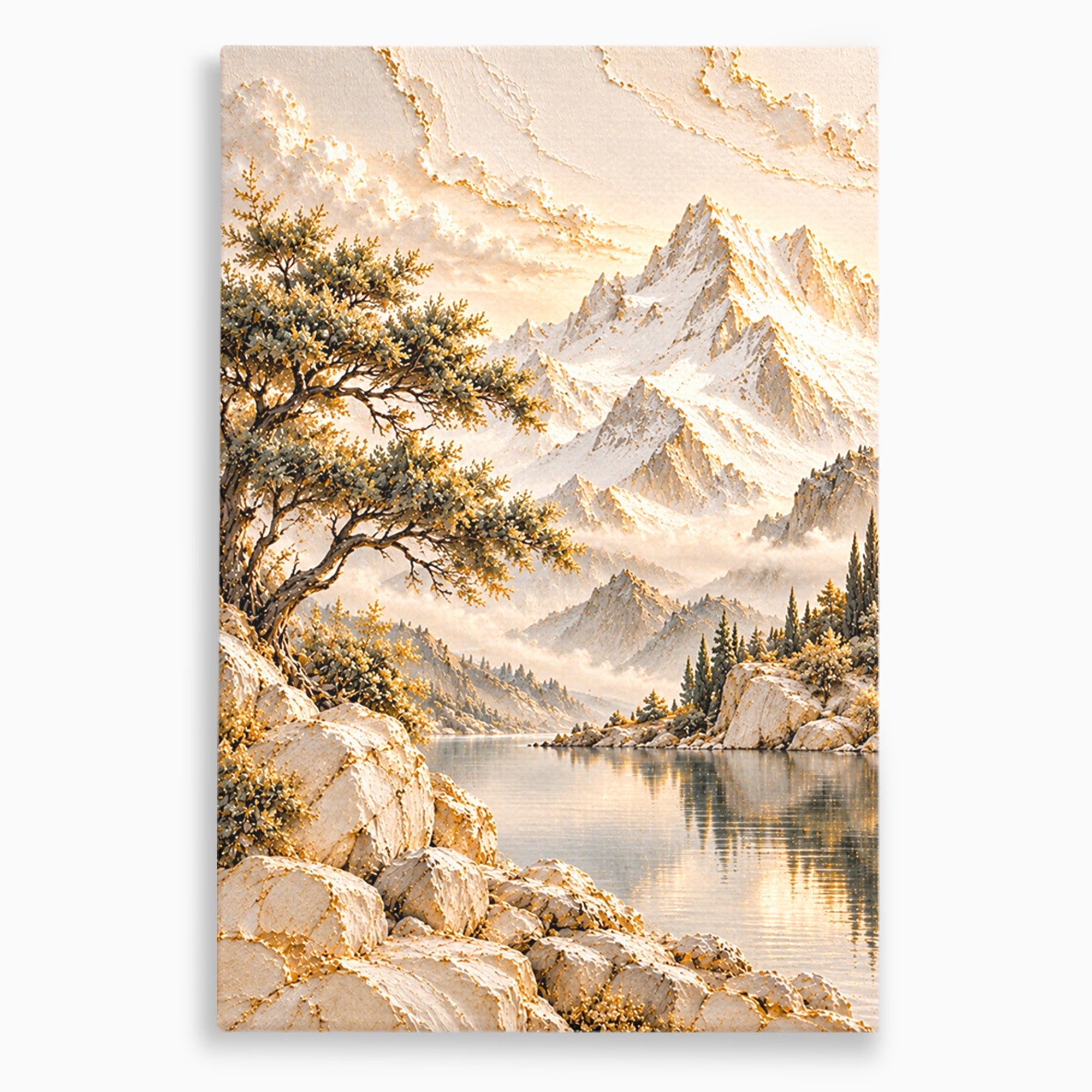 Tablou Canvas Premium LuxCanva® PI1418, Taramul Serenitatii, Peisaj, Munti, Lac, Natura, Calm, Culori Vibrante, Living, Dormitor