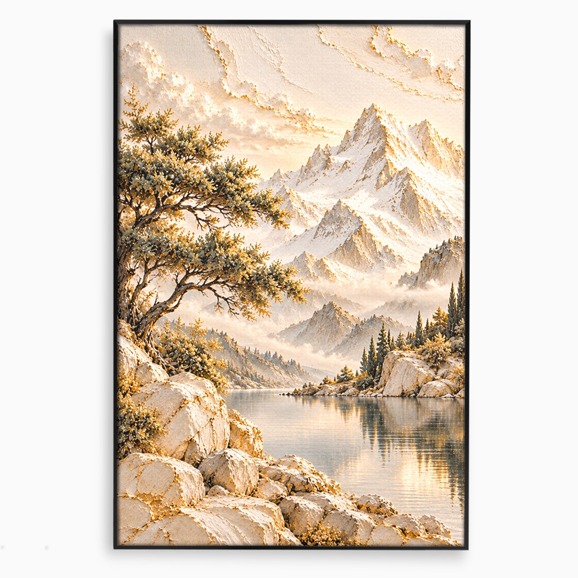 Tablou Canvas Premium LuxCanva® PI1418, Taramul Serenitatii, Peisaj, Munti, Lac, Natura, Calm, Culori Vibrante, Living, Dormitor