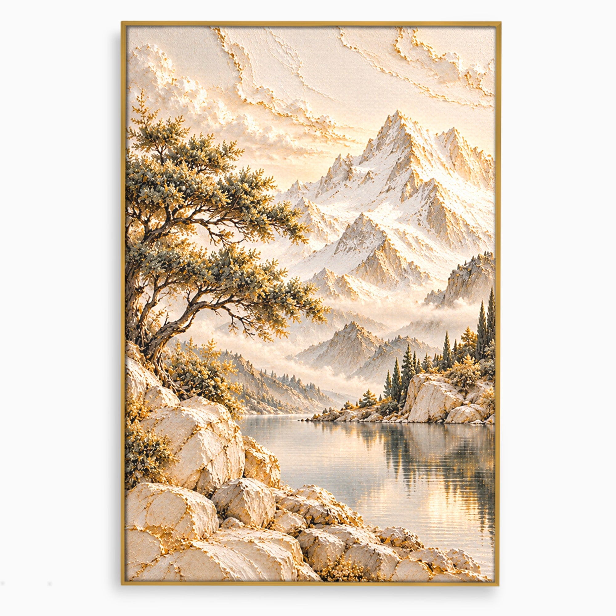 Tablou Canvas Premium LuxCanva® PI1418, Taramul Serenitatii, Peisaj, Munti, Lac, Natura, Calm, Culori Vibrante, Living, Dormitor