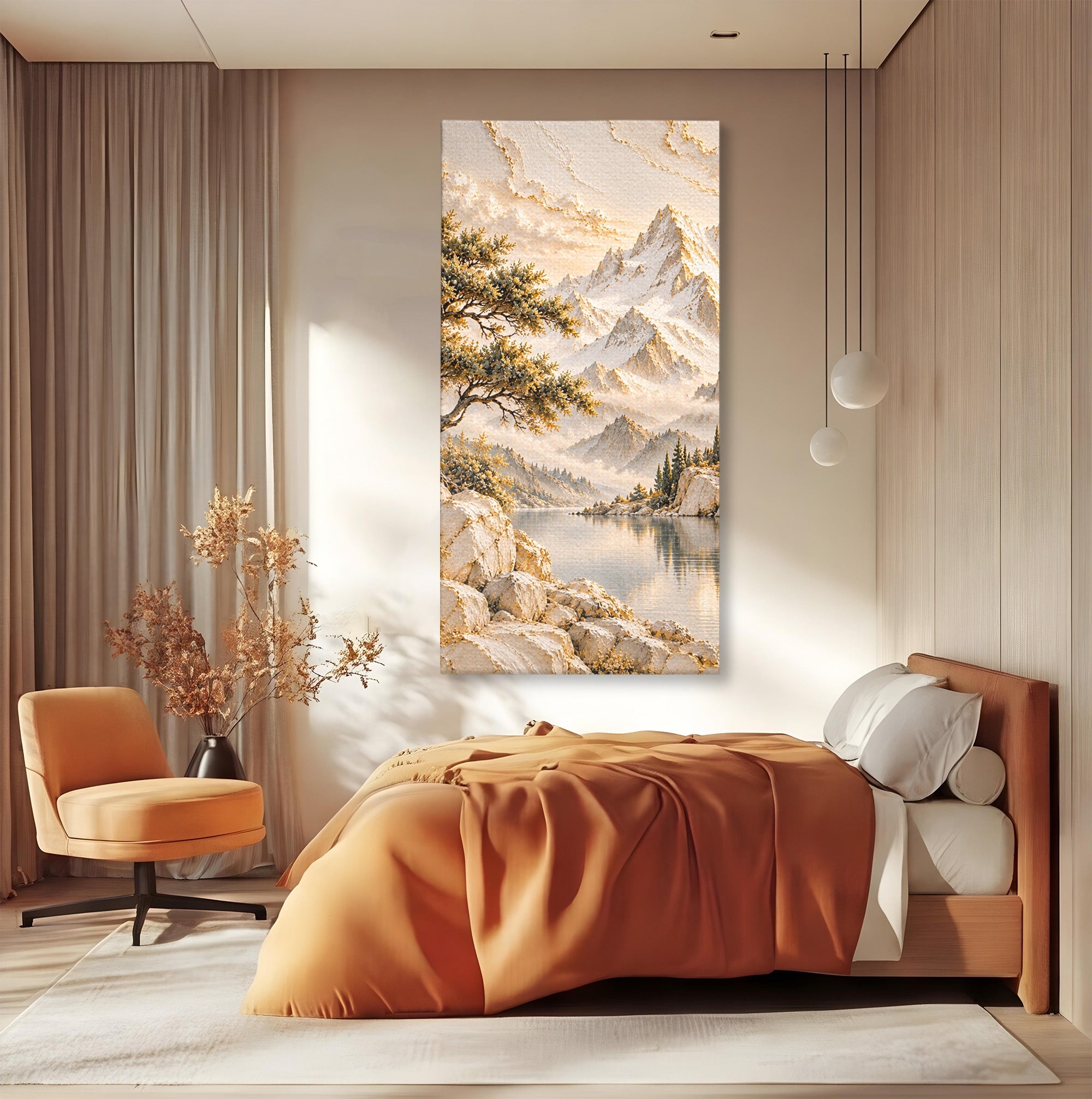 Tablou Canvas Premium LuxCanva® PI1418, Taramul Serenitatii, Peisaj, Munti, Lac, Natura, Calm, Culori Vibrante, Living, Dormitor