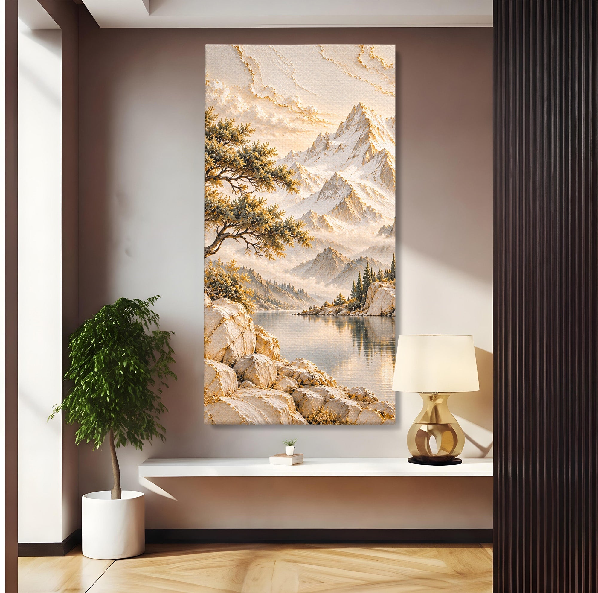 Tablou Canvas Premium LuxCanva® PI1418, Taramul Serenitatii, Peisaj, Munti, Lac, Natura, Calm, Culori Vibrante, Living, Dormitor
