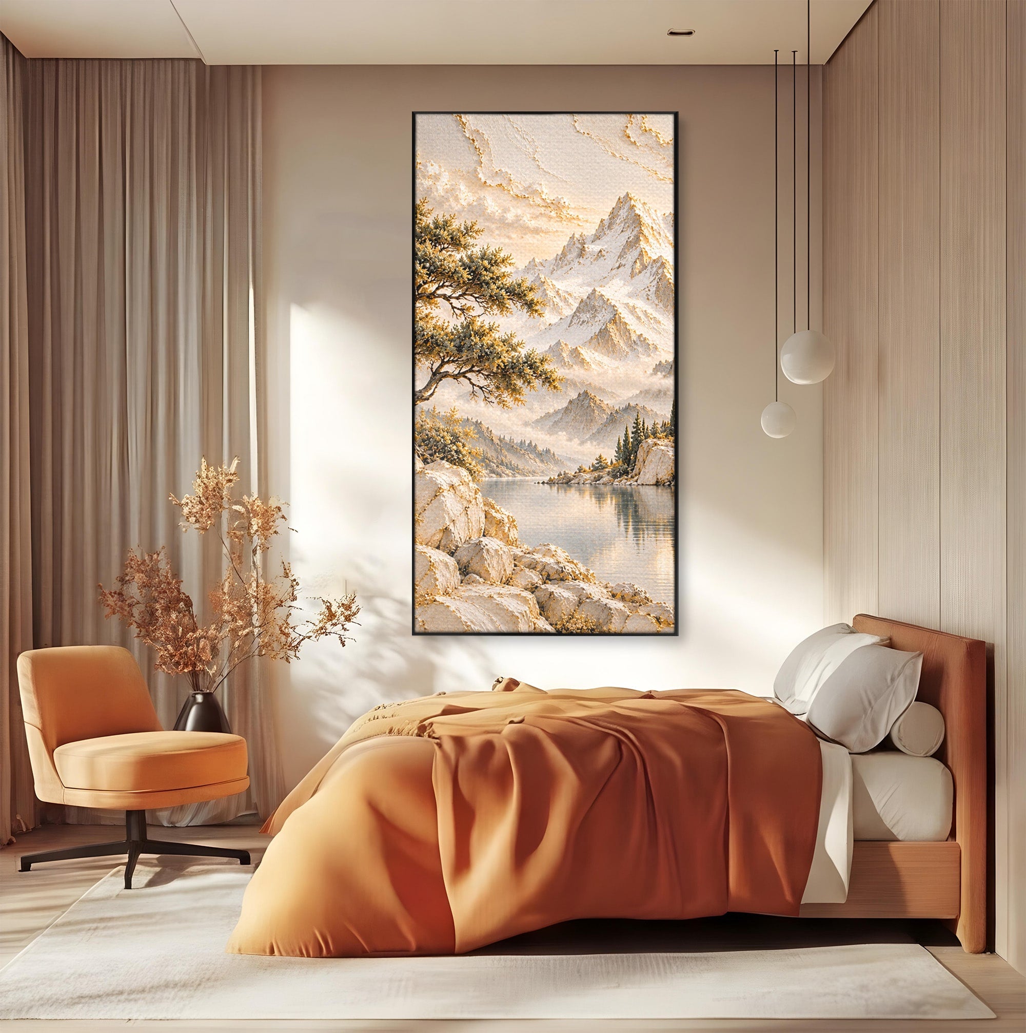 Tablou Canvas Premium LuxCanva® PI1418, Taramul Serenitatii, Peisaj, Munti, Lac, Natura, Calm, Culori Vibrante, Living, Dormitor