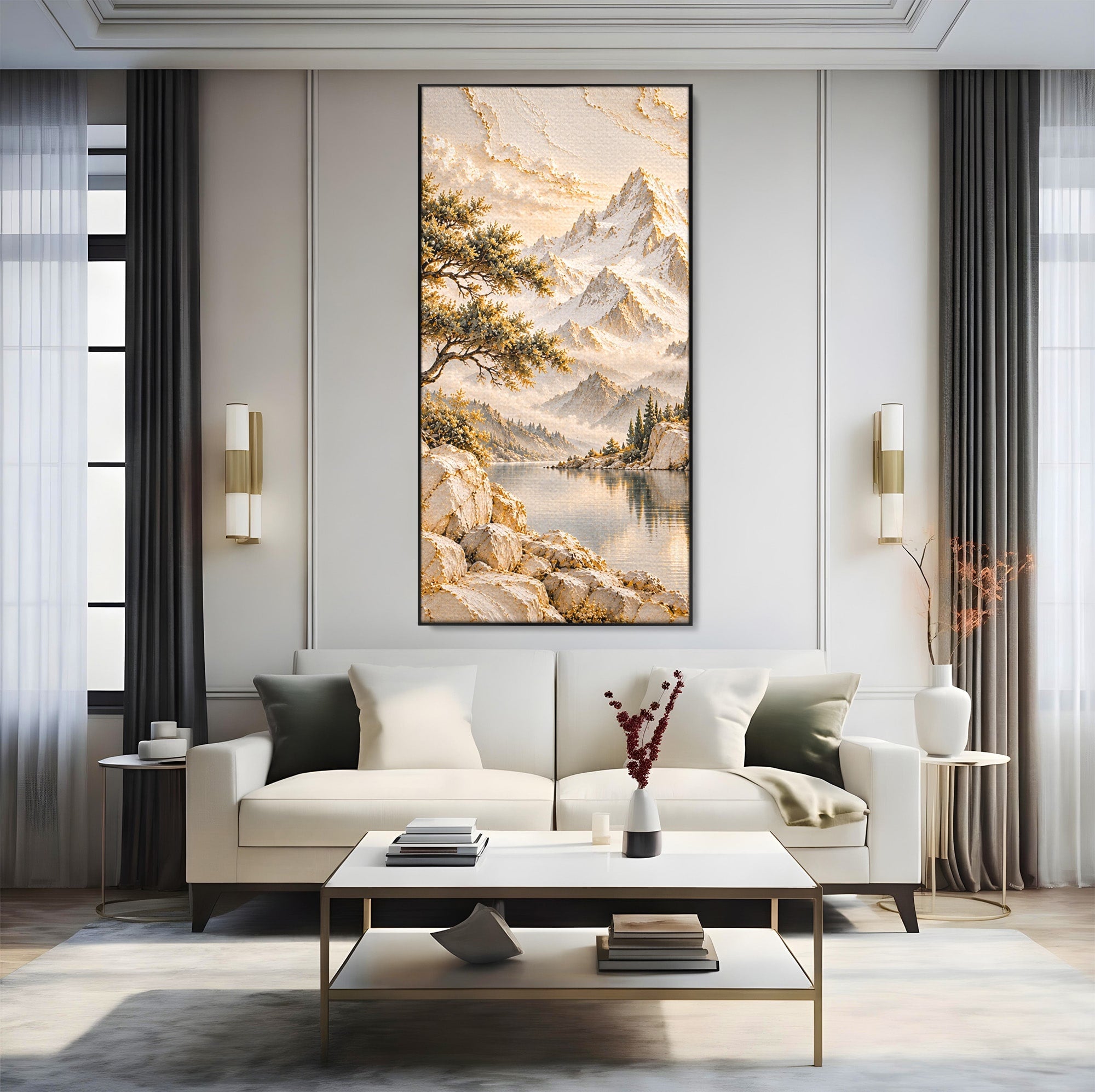 Tablou Canvas Premium LuxCanva® PI1418, Taramul Serenitatii, Peisaj, Munti, Lac, Natura, Calm, Culori Vibrante, Living, Dormitor