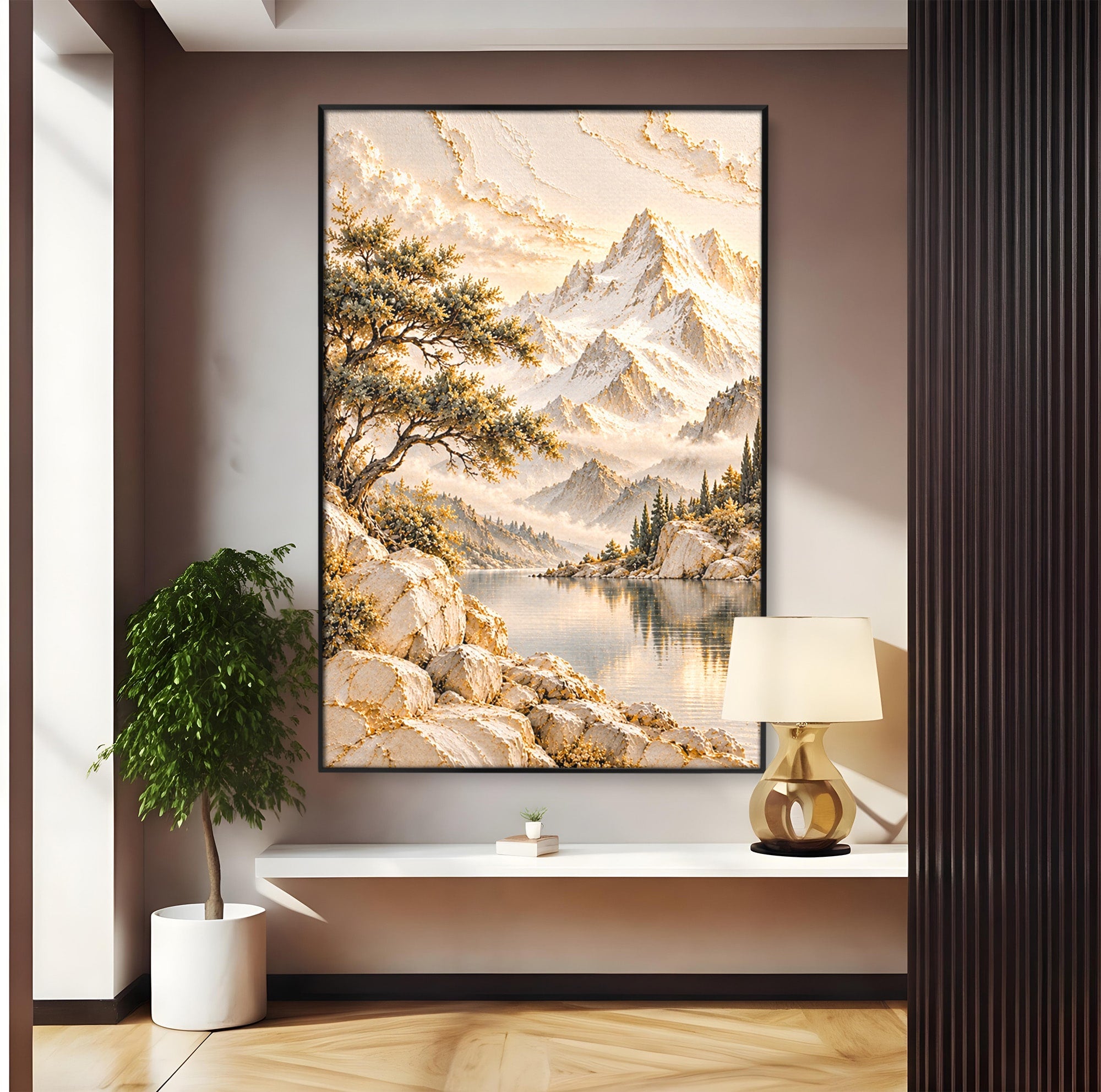 Tablou Canvas Premium LuxCanva® PI1418, Taramul Serenitatii, Peisaj, Munti, Lac, Natura, Calm, Culori Vibrante, Living, Dormitor