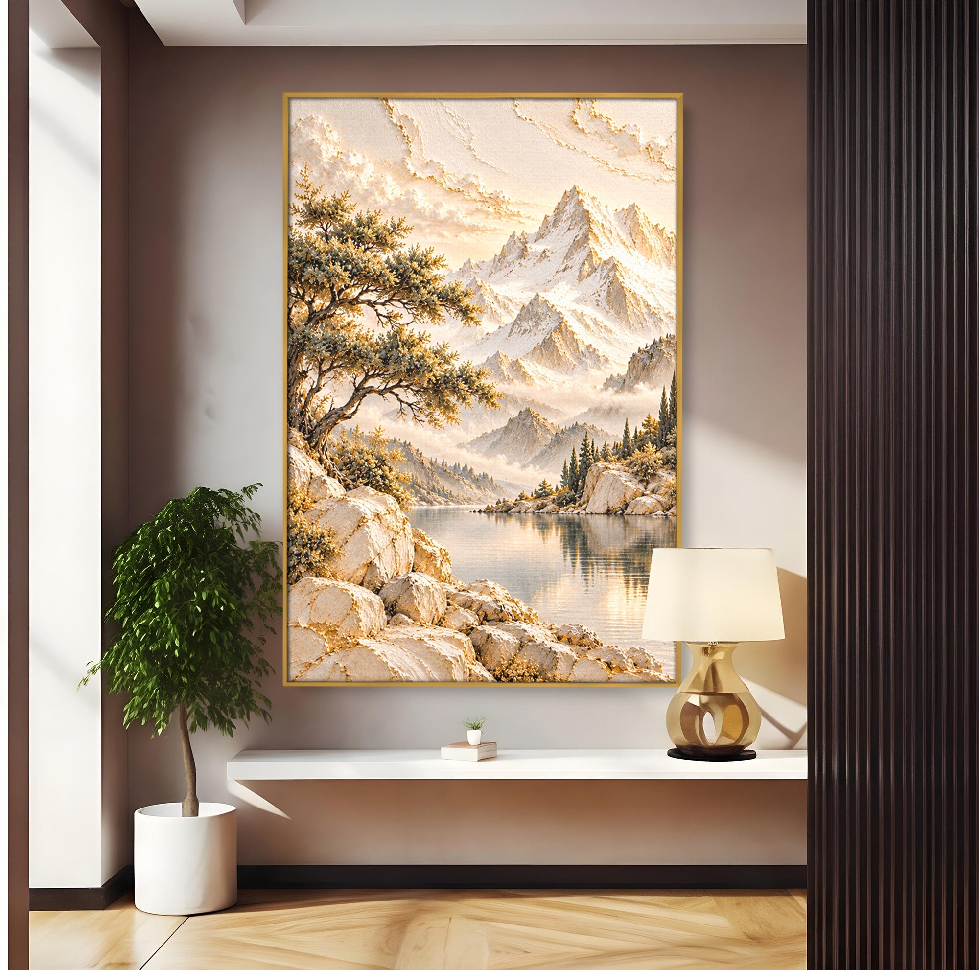 Tablou Canvas Premium LuxCanva® PI1418, Taramul Serenitatii, Peisaj, Munti, Lac, Natura, Calm, Culori Vibrante, Living, Dormitor