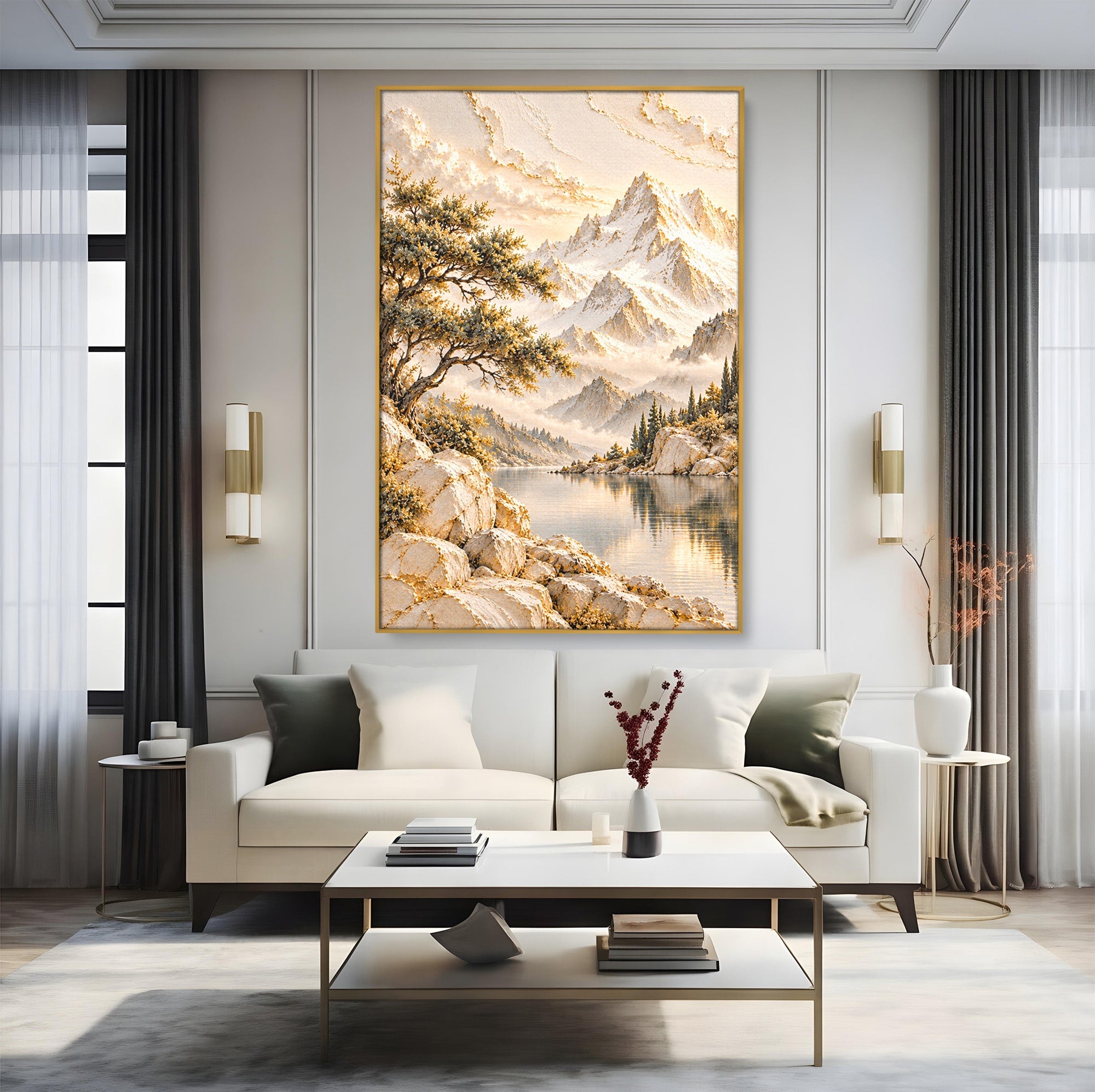 Tablou Canvas Premium LuxCanva® PI1418, Taramul Serenitatii, Peisaj, Munti, Lac, Natura, Calm, Culori Vibrante, Living, Dormitor