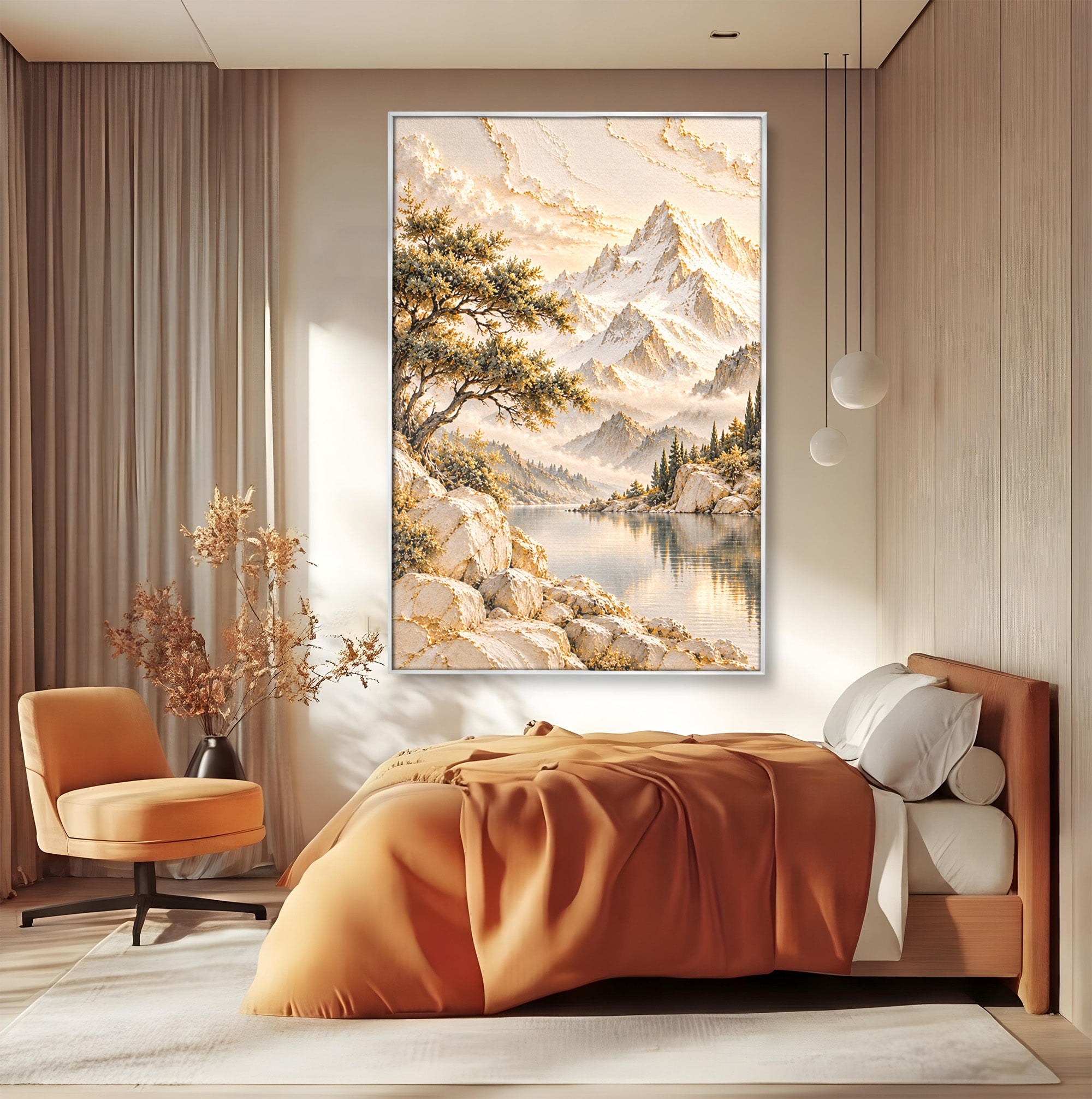 Tablou Canvas Premium LuxCanva® PI1418, Taramul Serenitatii, Peisaj, Munti, Lac, Natura, Calm, Culori Vibrante, Living, Dormitor