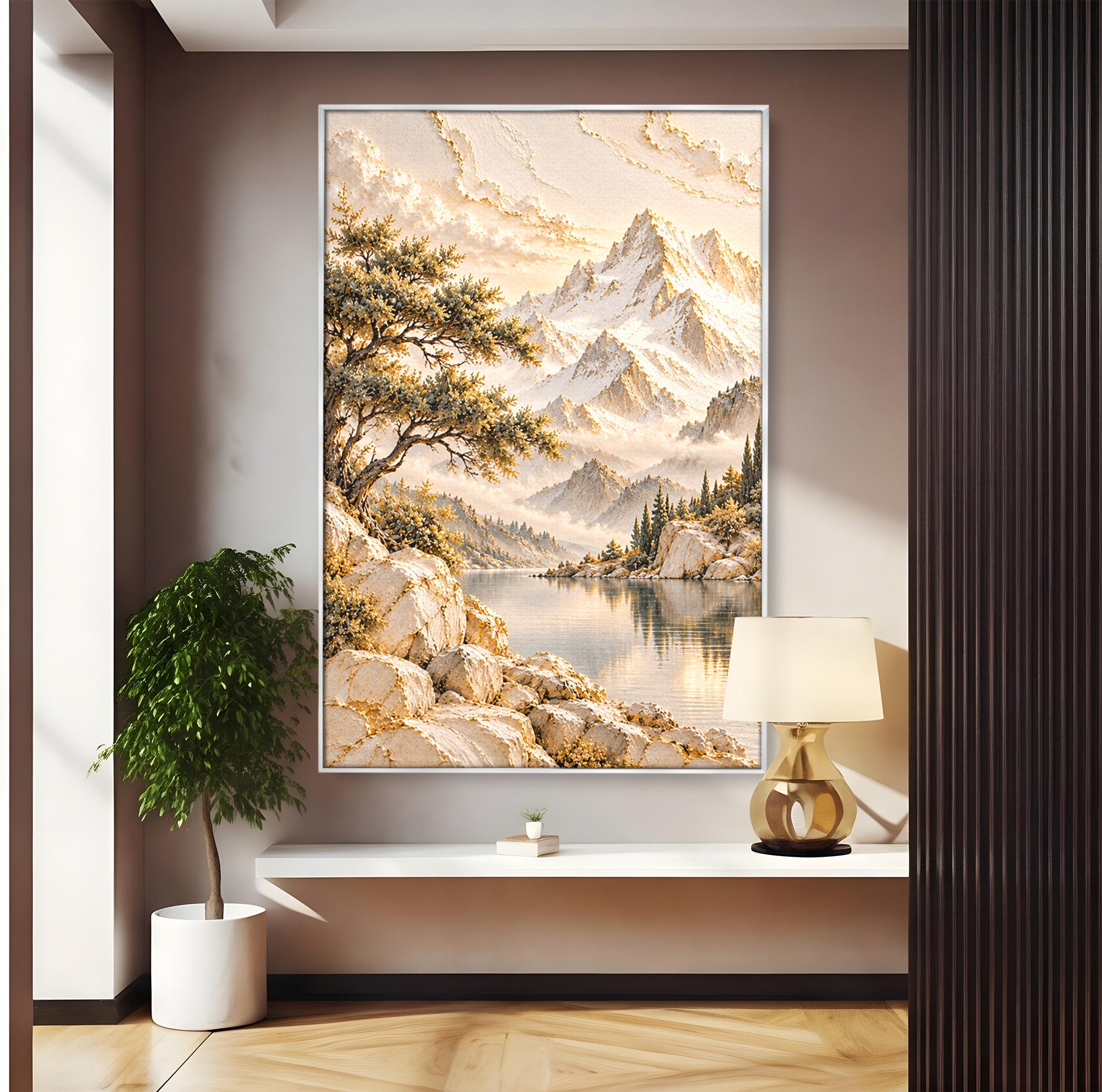 Tablou Canvas Premium LuxCanva® PI1418, Taramul Serenitatii, Peisaj, Munti, Lac, Natura, Calm, Culori Vibrante, Living, Dormitor