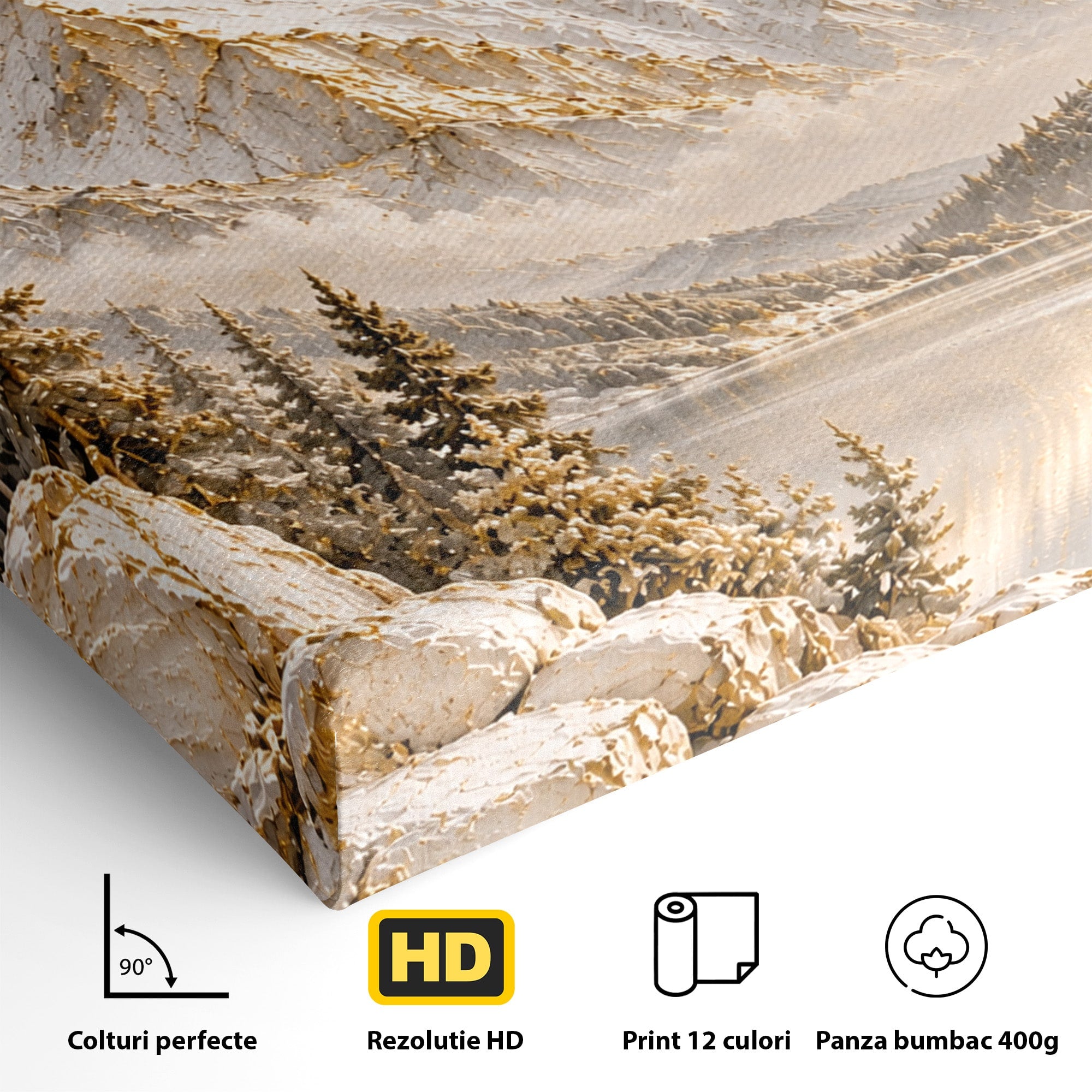 Tablou Canvas Premium LuxCanva® PI1419, Munti Inzapeziti, Vacanta, Peisaj, Iarna, Lacul, Natura, Culori Vibrante, Living, Dormitor