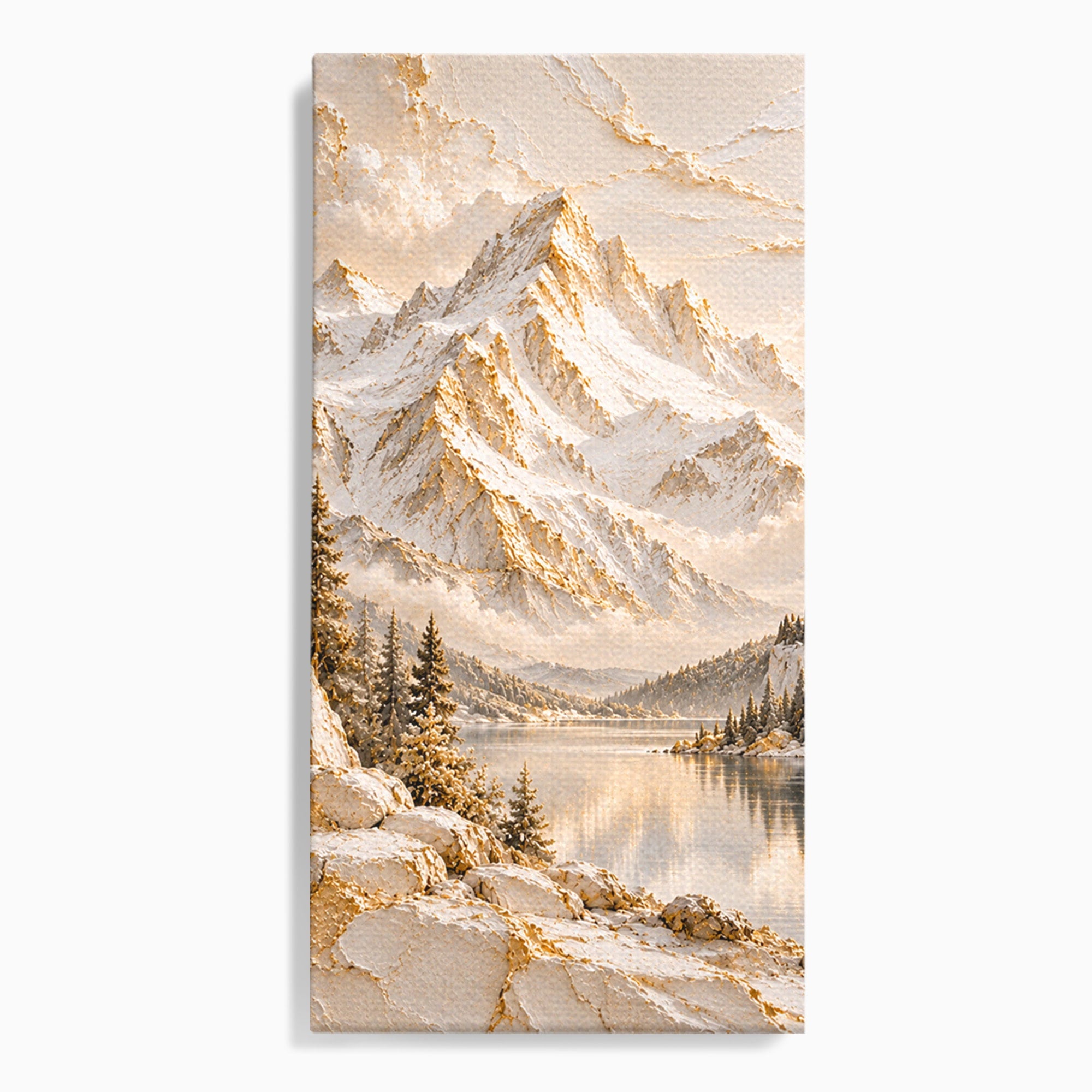 Tablou Canvas Premium LuxCanva® PI1419, Munti Inzapeziti, Vacanta, Peisaj, Iarna, Lacul, Natura, Culori Vibrante, Living, Dormitor