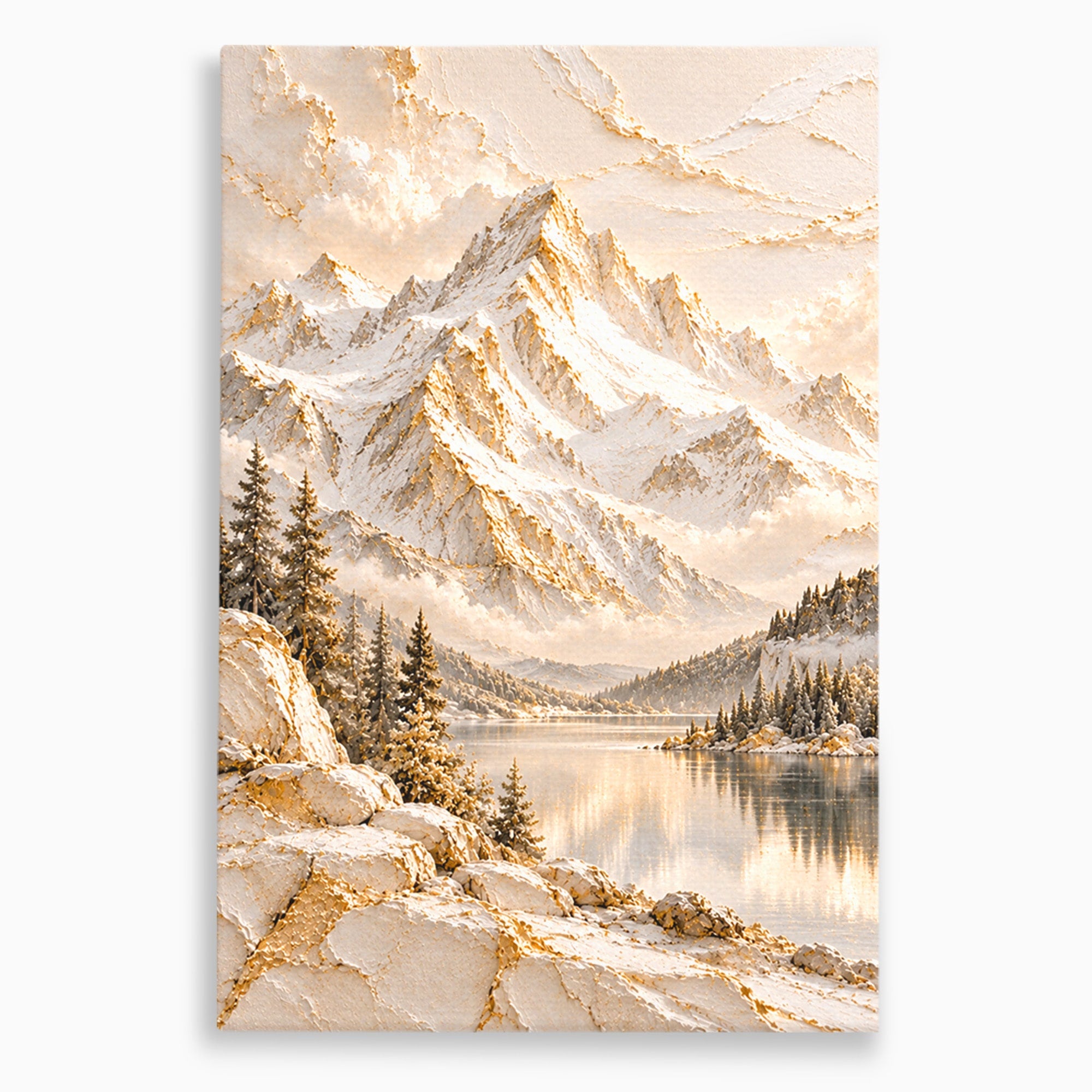 Tablou Canvas Premium LuxCanva® PI1419, Munti Inzapeziti, Vacanta, Peisaj, Iarna, Lacul, Natura, Culori Vibrante, Living, Dormitor
