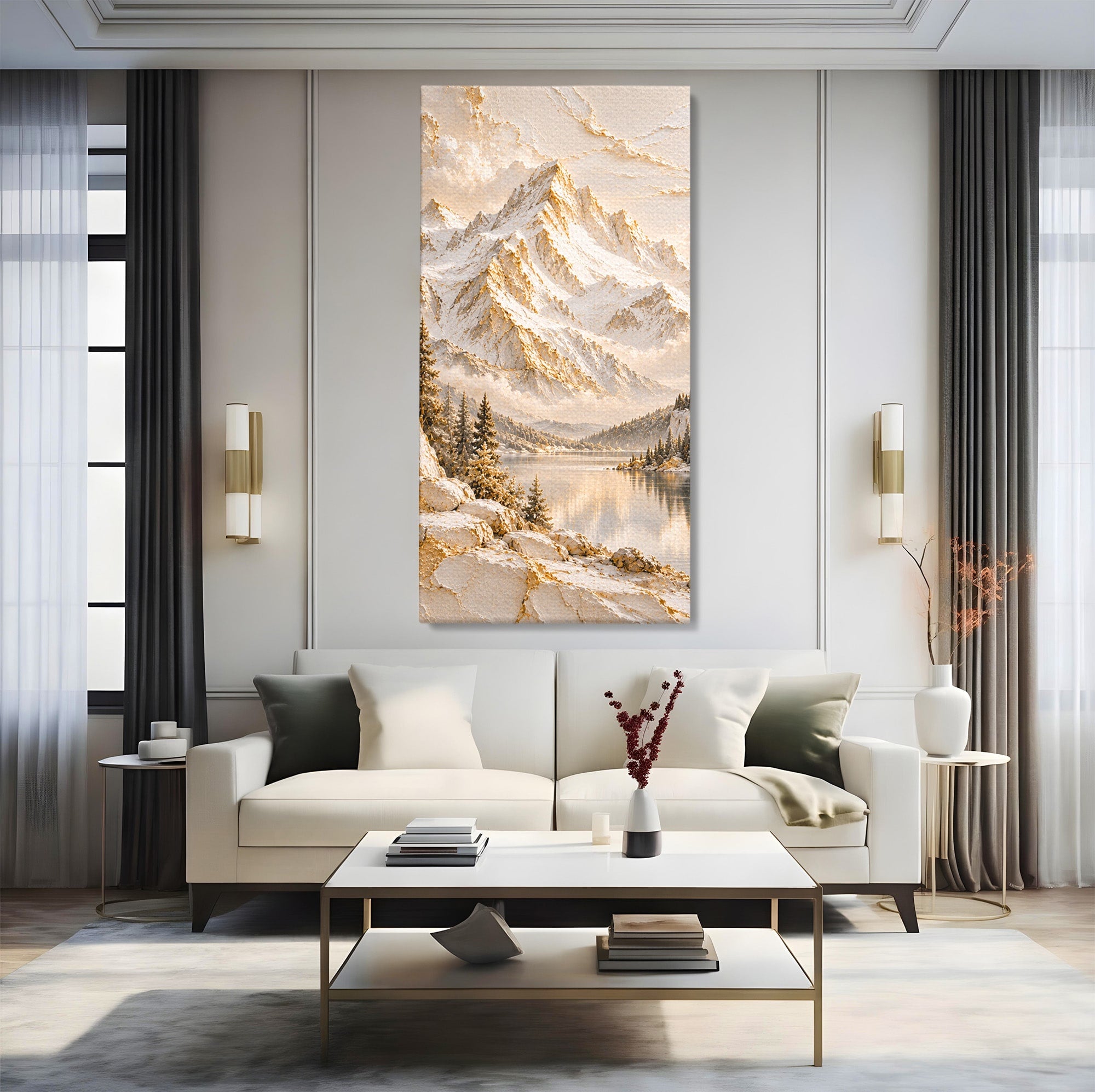 Tablou Canvas Premium LuxCanva® PI1419, Munti Inzapeziti, Vacanta, Peisaj, Iarna, Lacul, Natura, Culori Vibrante, Living, Dormitor