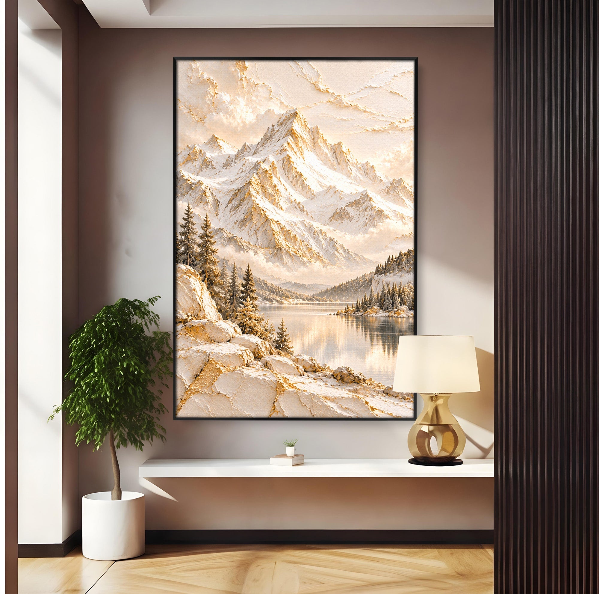 Tablou Canvas Premium LuxCanva® PI1419, Munti Inzapeziti, Vacanta, Peisaj, Iarna, Lacul, Natura, Culori Vibrante, Living, Dormitor