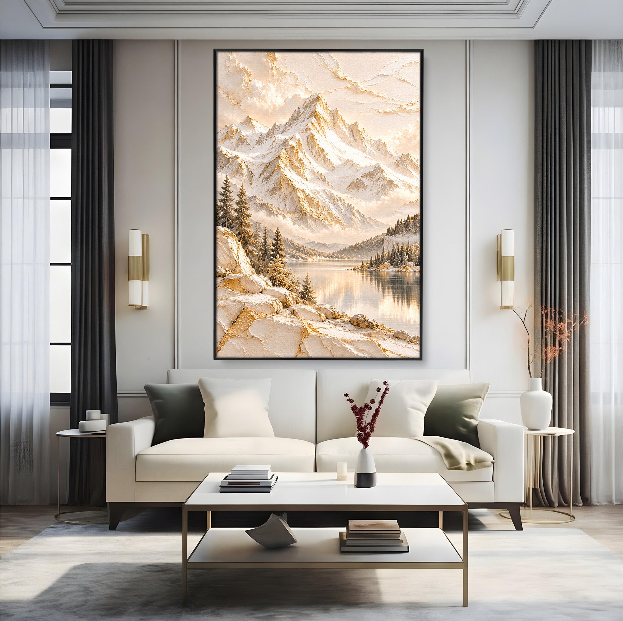 Tablou Canvas Premium LuxCanva® PI1419, Munti Inzapeziti, Vacanta, Peisaj, Iarna, Lacul, Natura, Culori Vibrante, Living, Dormitor