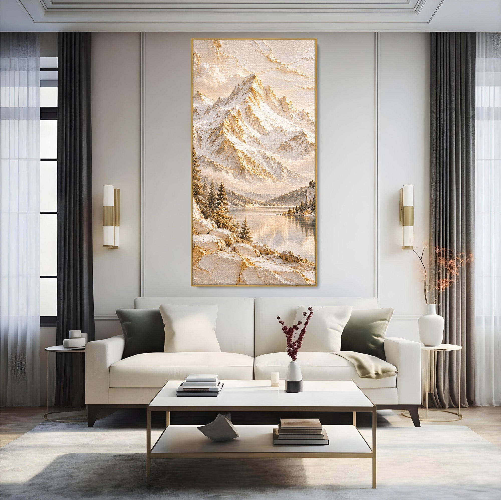 Tablou Canvas Premium LuxCanva® PI1419, Munti Inzapeziti, Vacanta, Peisaj, Iarna, Lacul, Natura, Culori Vibrante, Living, Dormitor