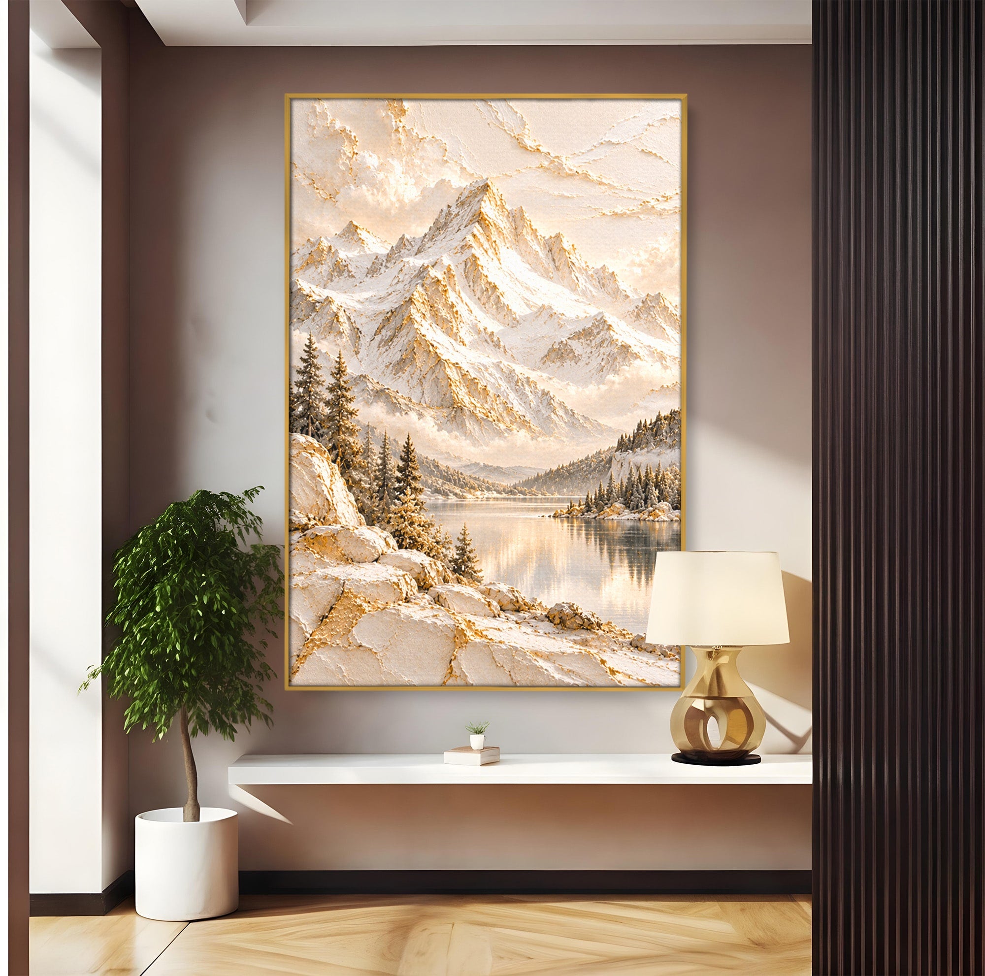 Tablou Canvas Premium LuxCanva® PI1419, Munti Inzapeziti, Vacanta, Peisaj, Iarna, Lacul, Natura, Culori Vibrante, Living, Dormitor