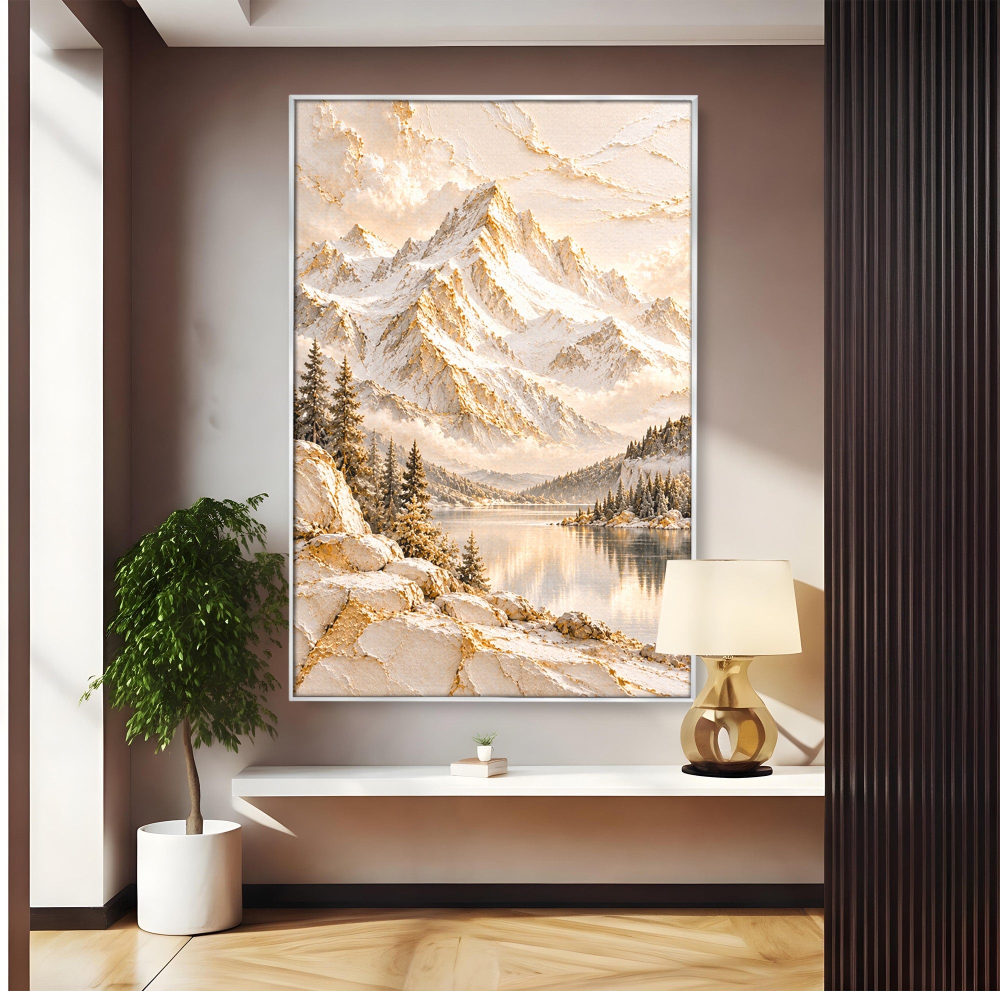 Tablou Canvas Premium LuxCanva® PI1419, Munti Inzapeziti, Vacanta, Peisaj, Iarna, Lacul, Natura, Culori Vibrante, Living, Dormitor