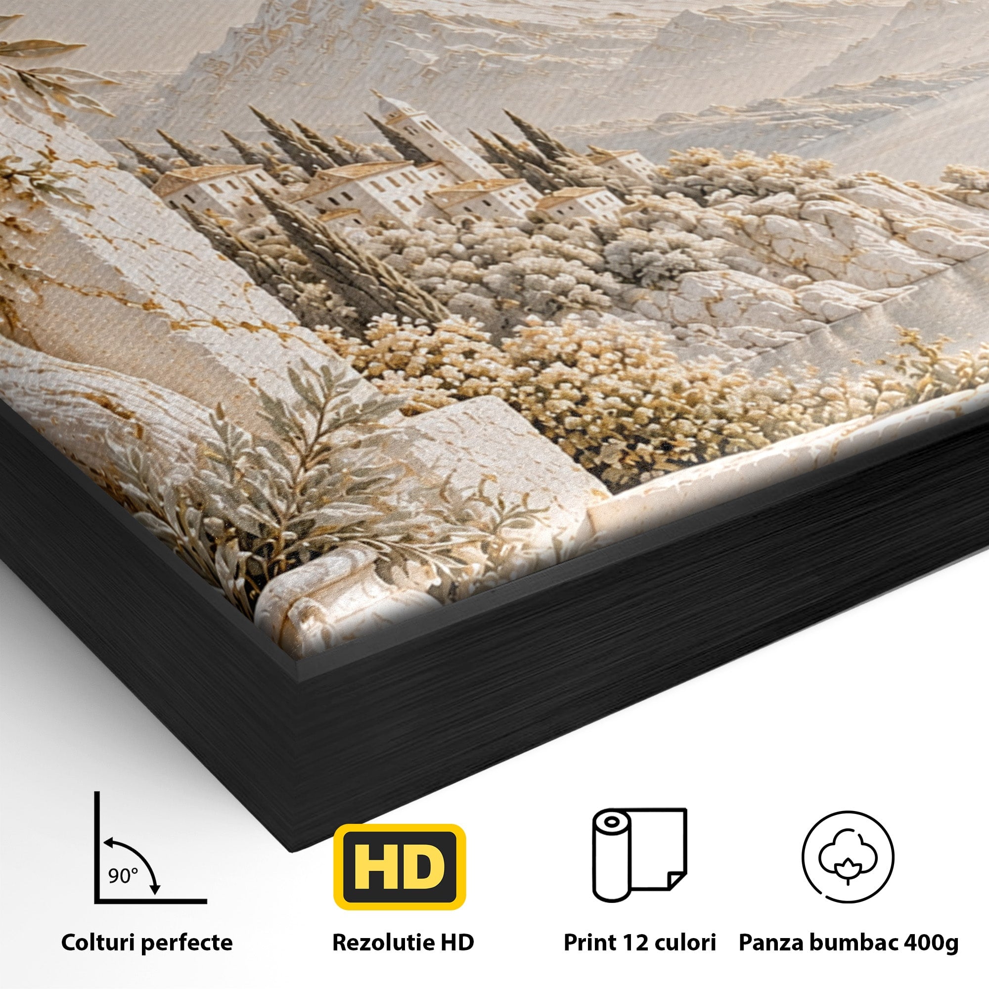 Tablou Canvas Premium LuxCanva® PI1421, Colt De Lume Mediteraneana, Peisaj, Meditatie, Mare, Munte, Arta, Culori Vibrante, Living, Dormitor