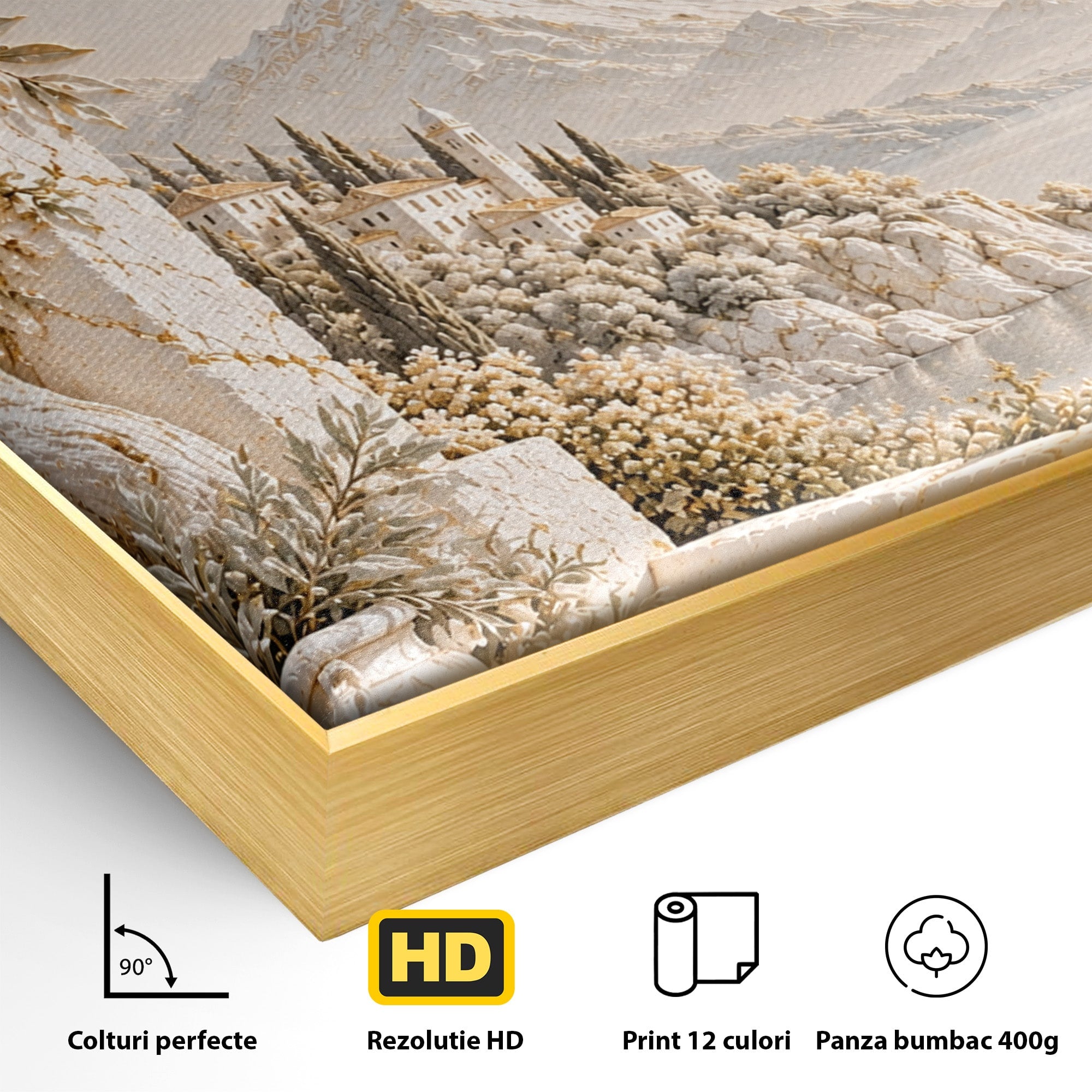 Tablou Canvas Premium LuxCanva® PI1421, Colt De Lume Mediteraneana, Peisaj, Meditatie, Mare, Munte, Arta, Culori Vibrante, Living, Dormitor