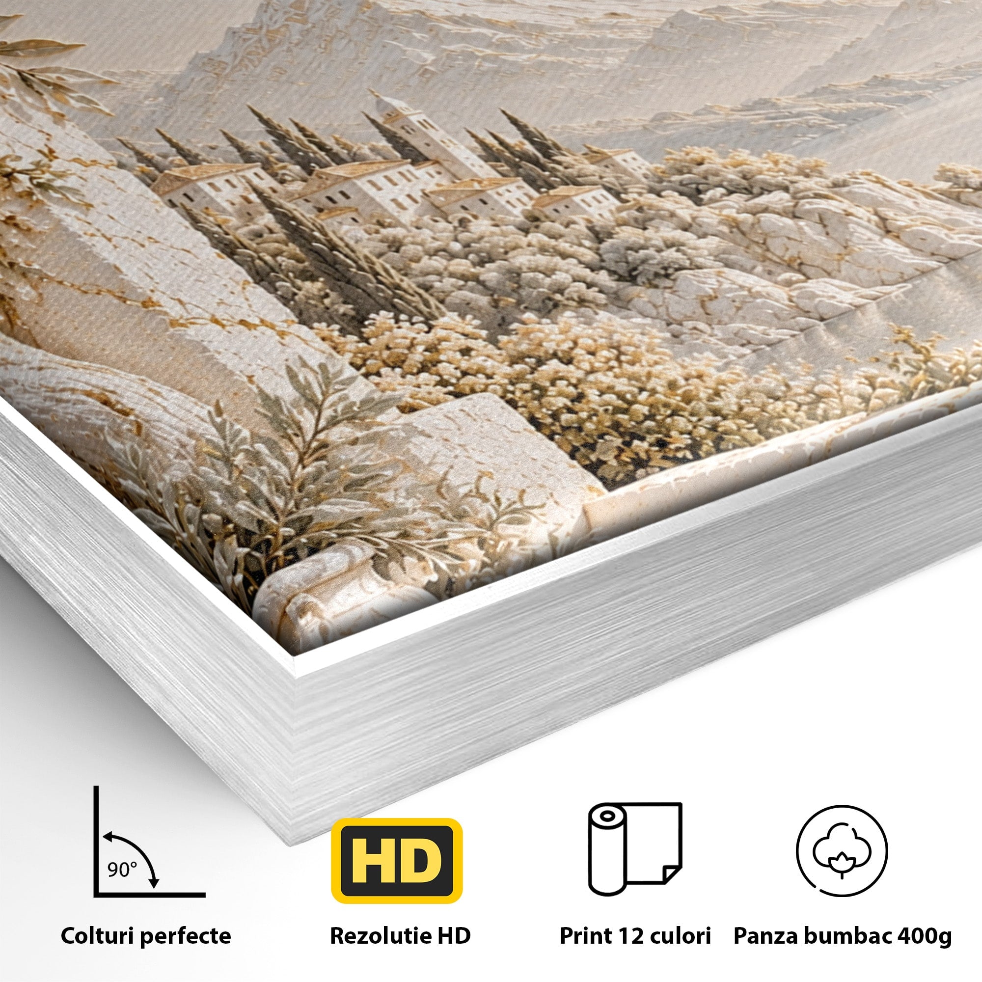 Tablou Canvas Premium LuxCanva® PI1421, Colt De Lume Mediteraneana, Peisaj, Meditatie, Mare, Munte, Arta, Culori Vibrante, Living, Dormitor