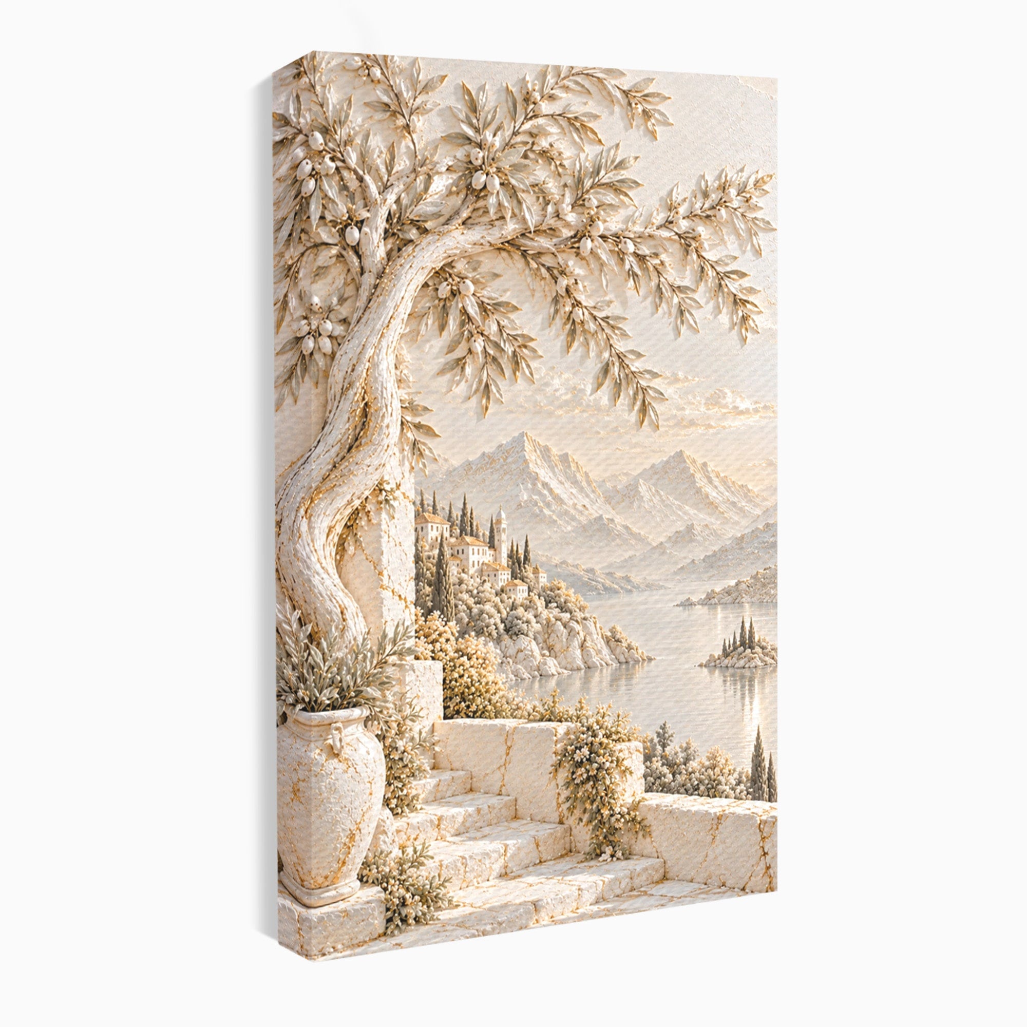 Tablou Canvas Premium LuxCanva® PI1421, Colt De Lume Mediteraneana, Peisaj, Meditatie, Mare, Munte, Arta, Culori Vibrante, Living, Dormitor