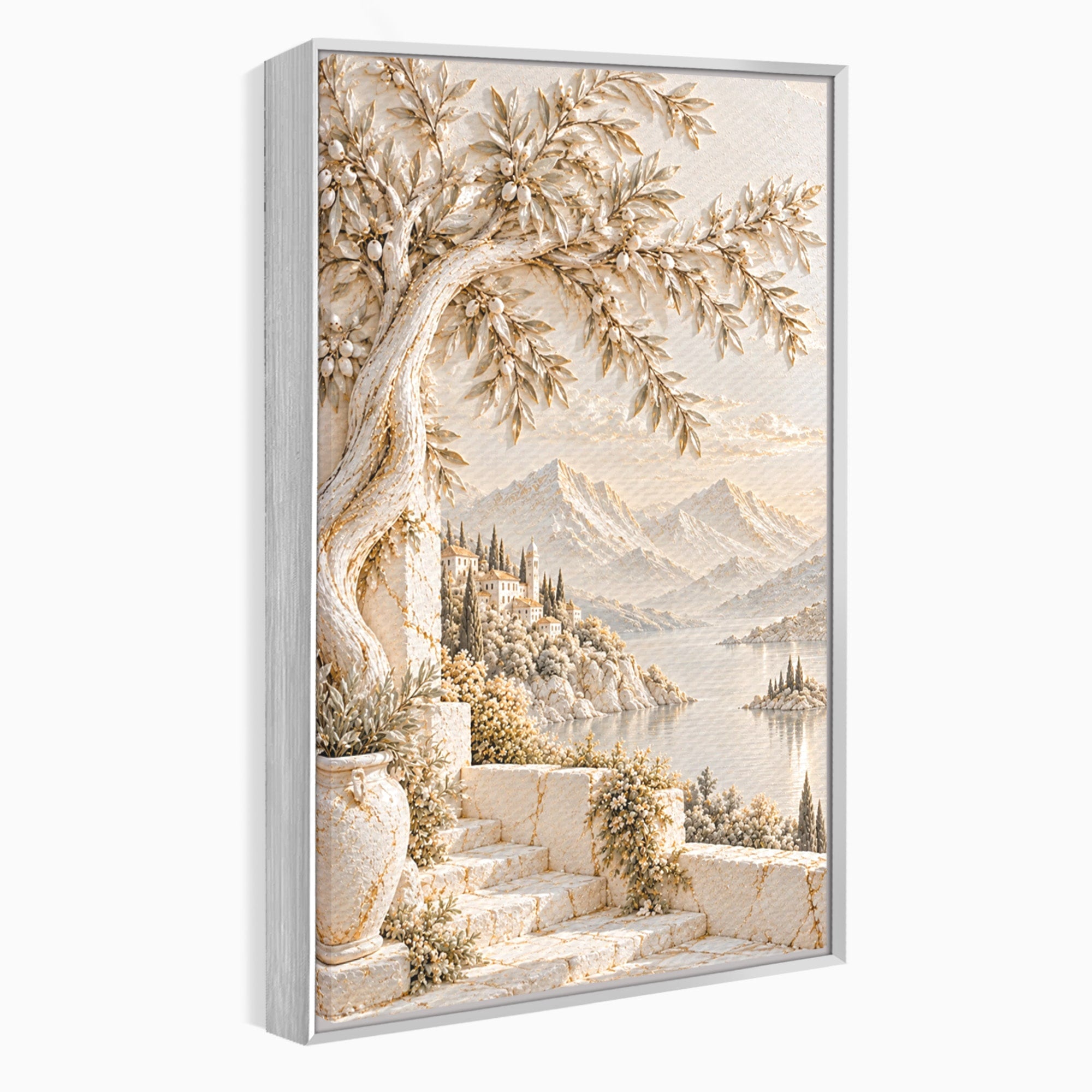 Tablou Canvas Premium LuxCanva® PI1421, Colt De Lume Mediteraneana, Peisaj, Meditatie, Mare, Munte, Arta, Culori Vibrante, Living, Dormitor