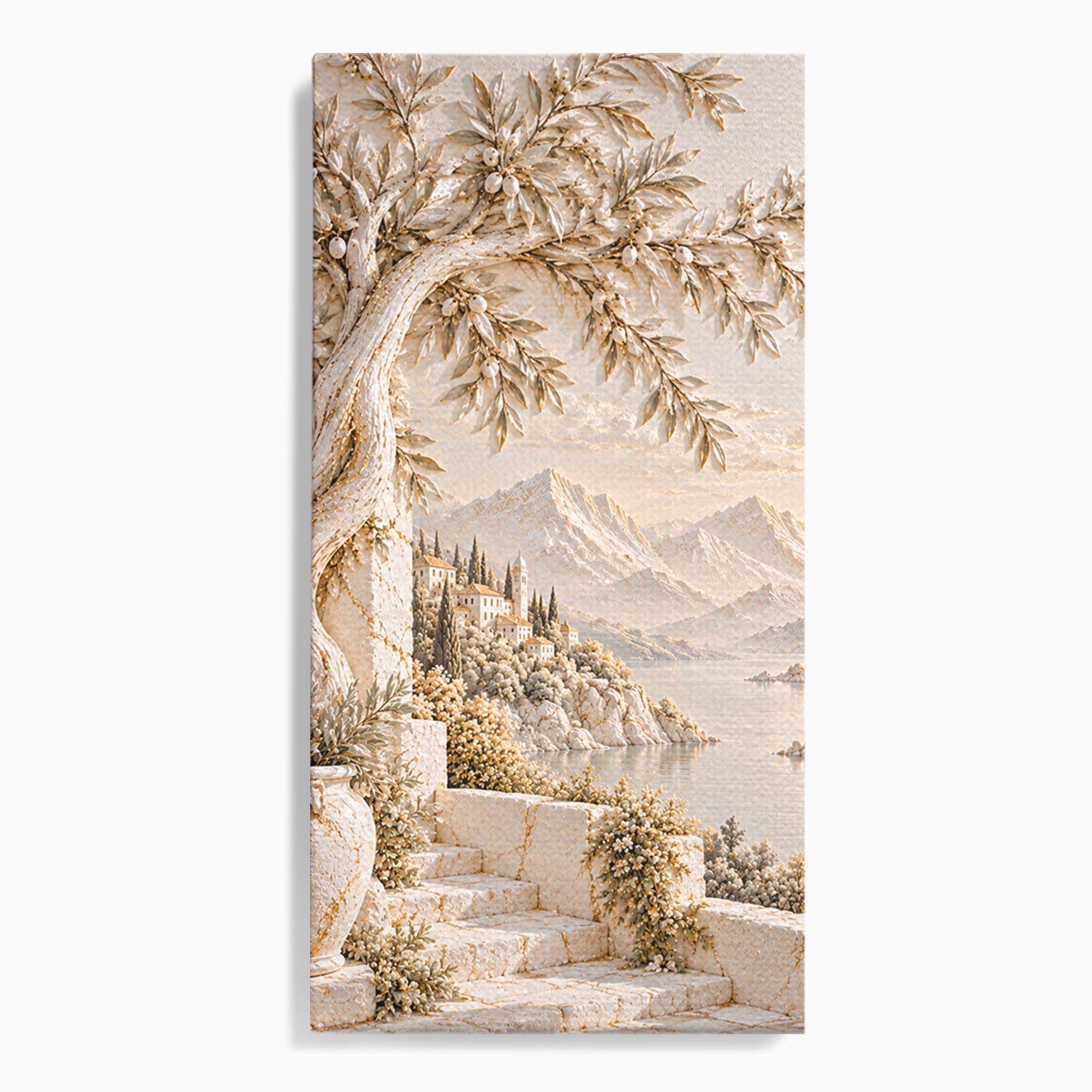 Tablou Canvas Premium LuxCanva® PI1421, Colt De Lume Mediteraneana, Peisaj, Meditatie, Mare, Munte, Arta, Culori Vibrante, Living, Dormitor