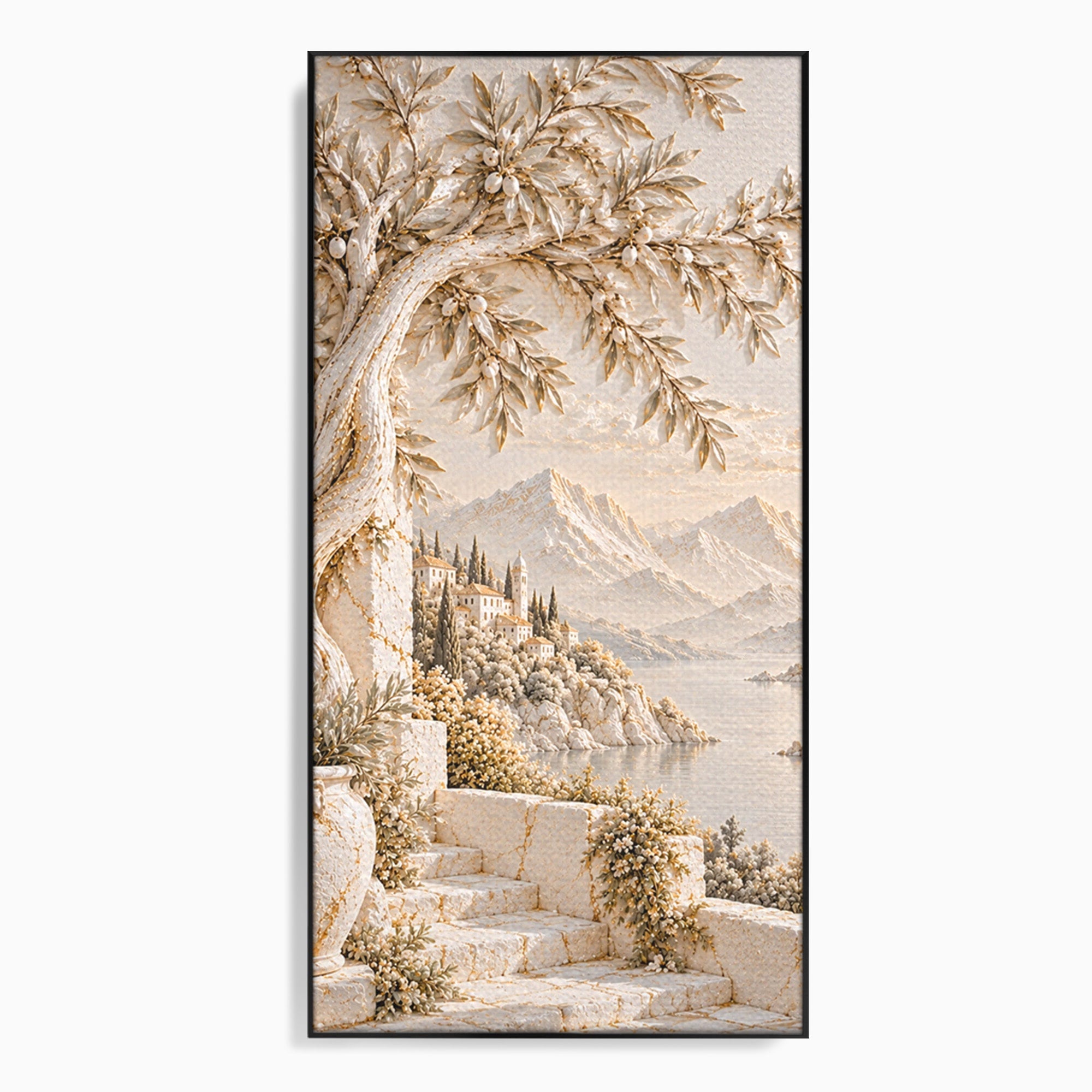Tablou Canvas Premium LuxCanva® PI1421, Colt De Lume Mediteraneana, Peisaj, Meditatie, Mare, Munte, Arta, Culori Vibrante, Living, Dormitor