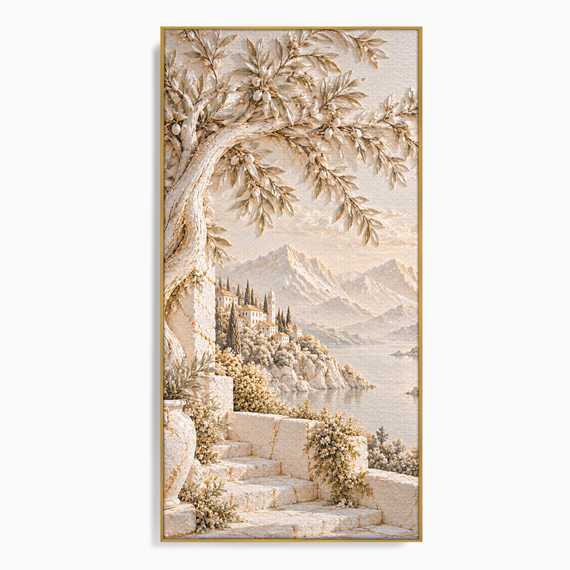 Tablou Canvas Premium LuxCanva® PI1421, Colt De Lume Mediteraneana, Peisaj, Meditatie, Mare, Munte, Arta, Culori Vibrante, Living, Dormitor