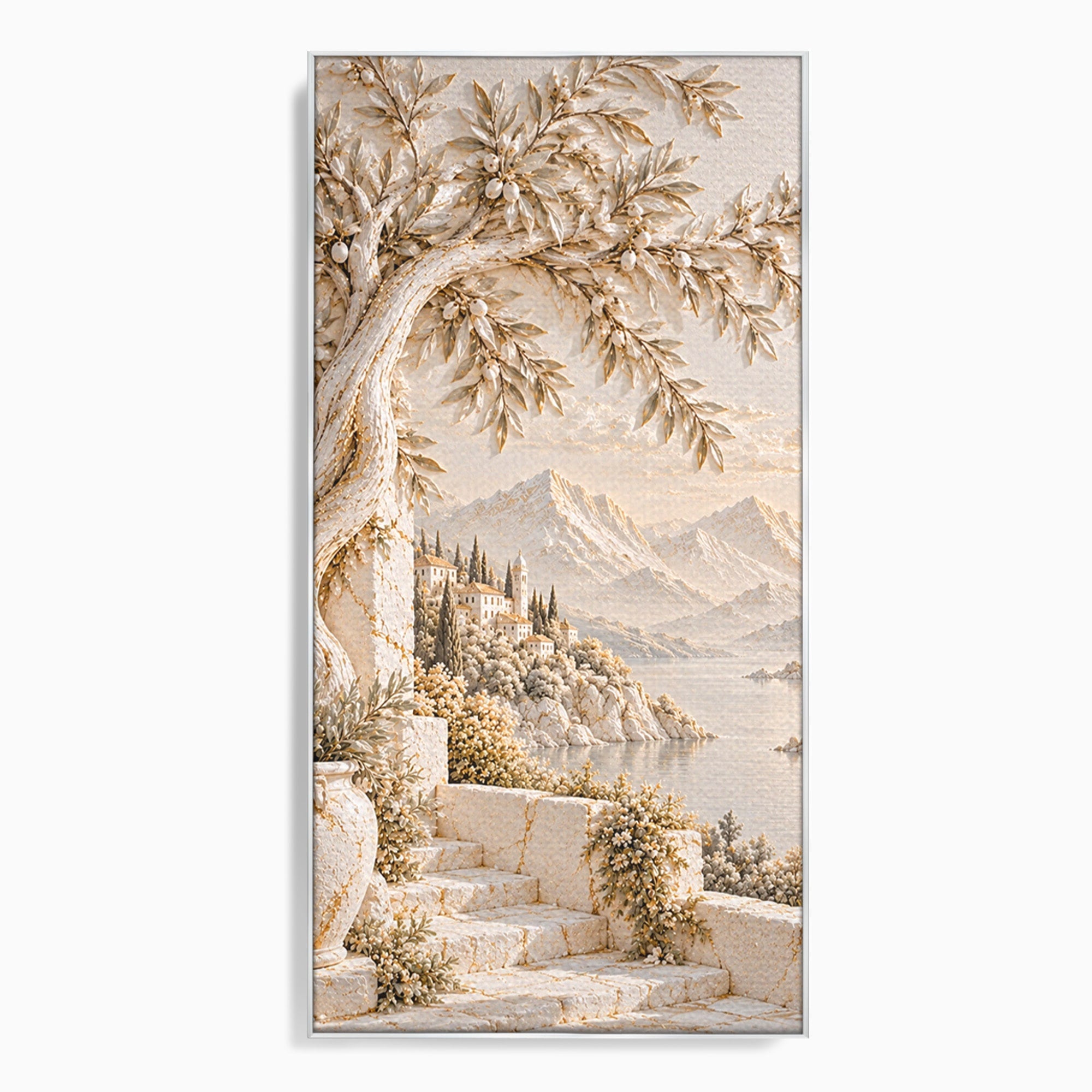 Tablou Canvas Premium LuxCanva® PI1421, Colt De Lume Mediteraneana, Peisaj, Meditatie, Mare, Munte, Arta, Culori Vibrante, Living, Dormitor