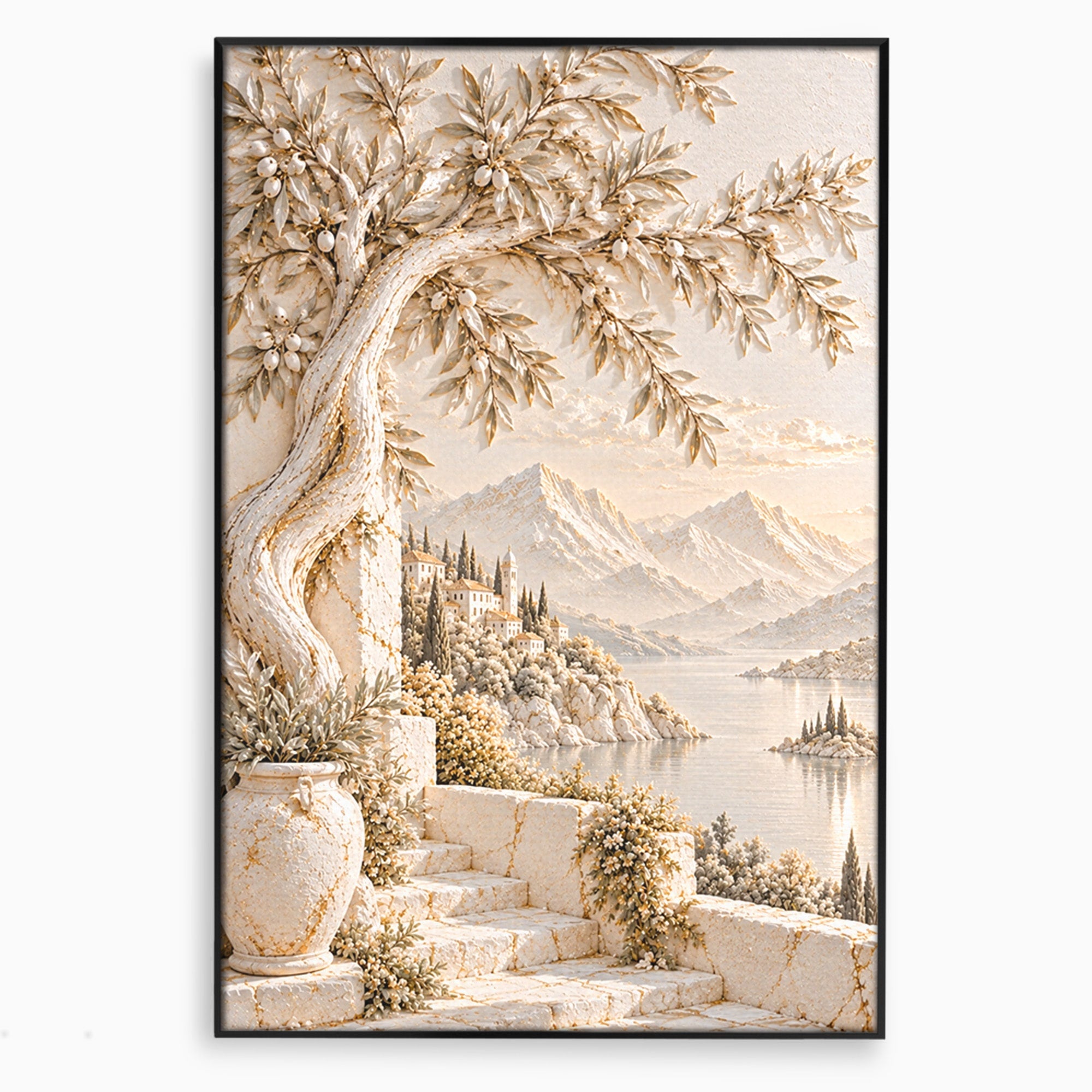 Tablou Canvas Premium LuxCanva® PI1421, Colt De Lume Mediteraneana, Peisaj, Meditatie, Mare, Munte, Arta, Culori Vibrante, Living, Dormitor