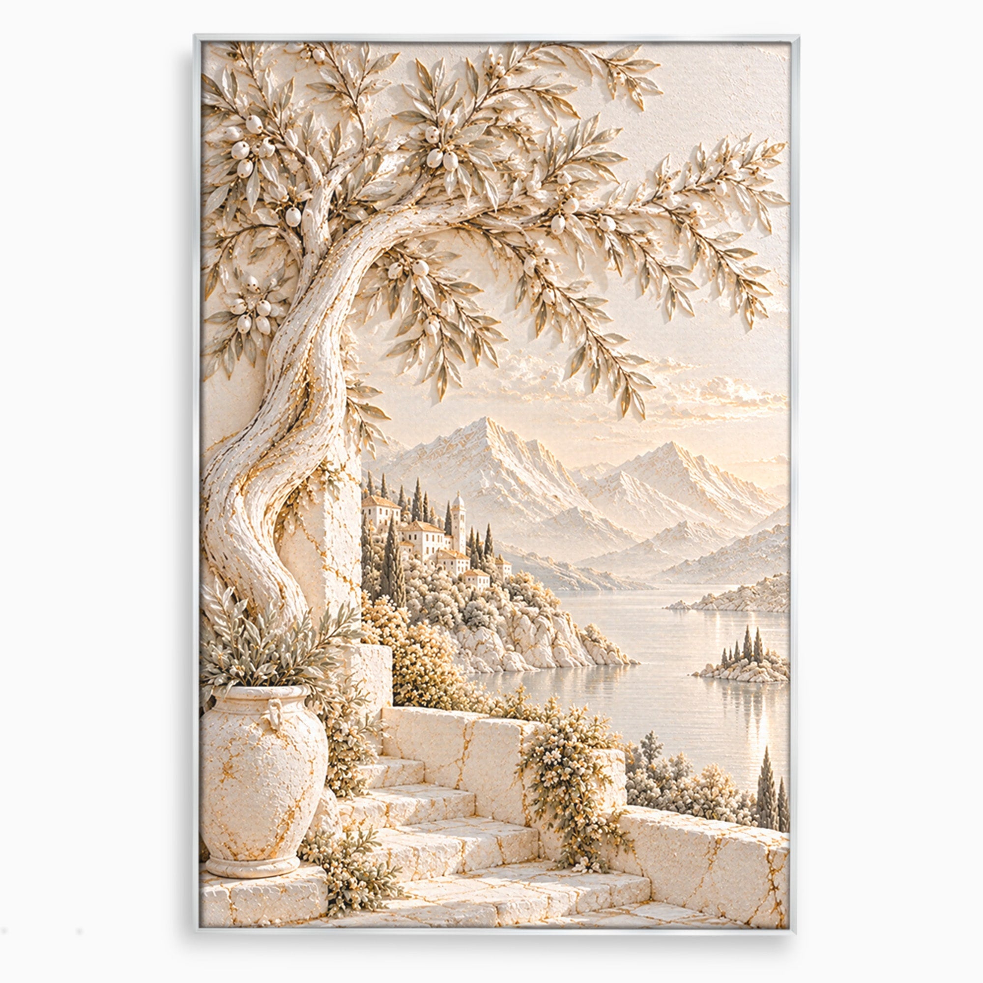 Tablou Canvas Premium LuxCanva® PI1421, Colt De Lume Mediteraneana, Peisaj, Meditatie, Mare, Munte, Arta, Culori Vibrante, Living, Dormitor