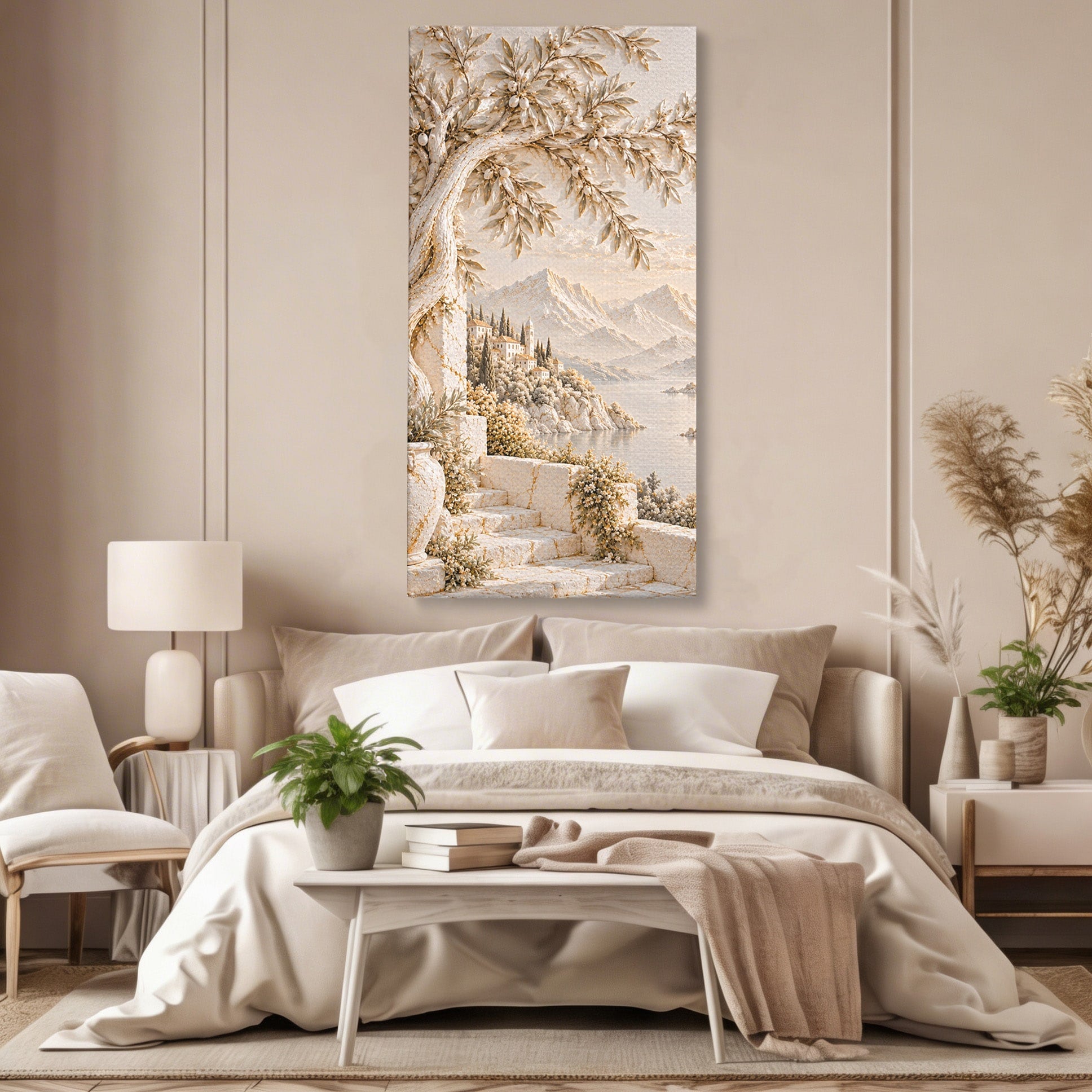 Tablou Canvas Premium LuxCanva® PI1421, Colt De Lume Mediteraneana, Peisaj, Meditatie, Mare, Munte, Arta, Culori Vibrante, Living, Dormitor
