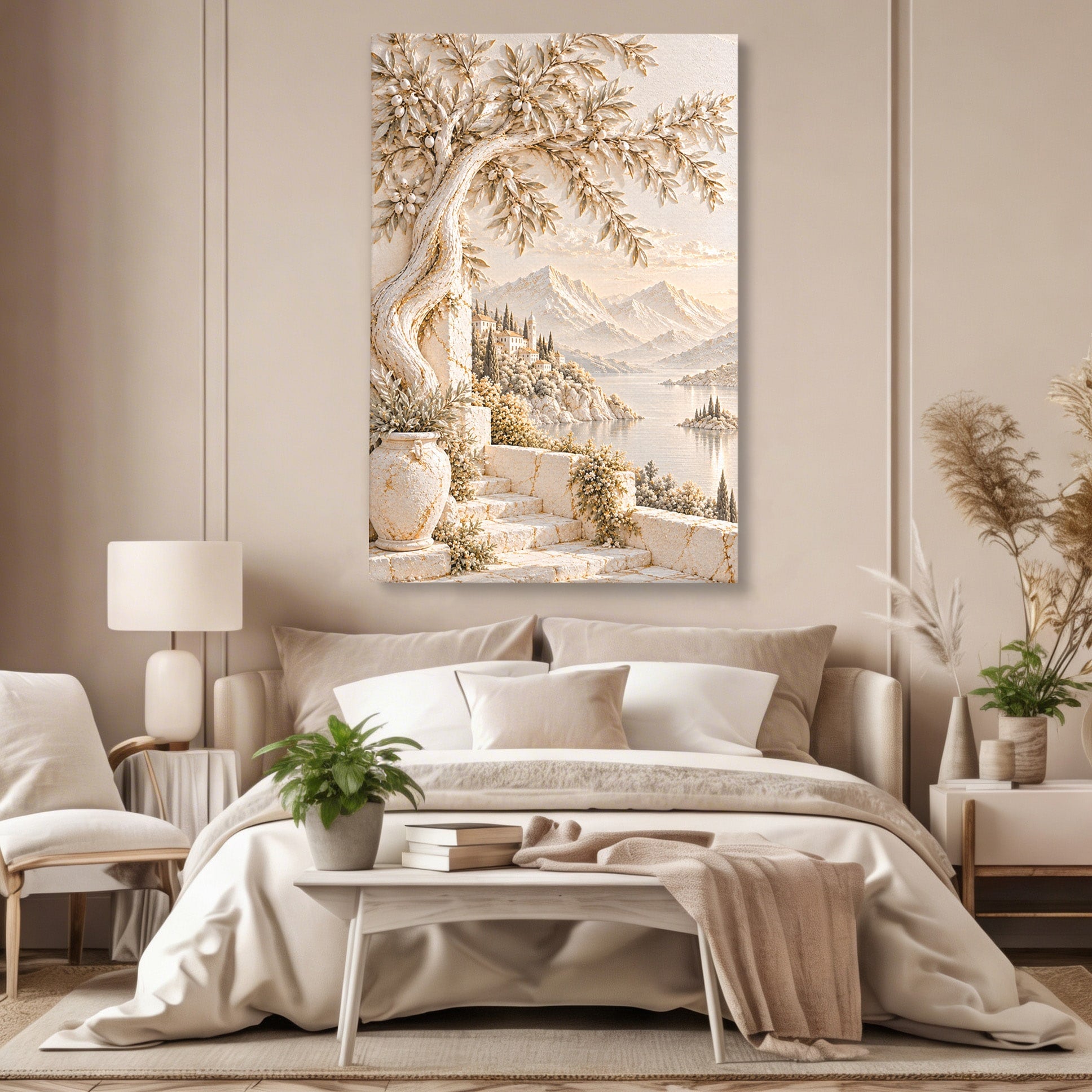 Tablou Canvas Premium LuxCanva® PI1421, Colt De Lume Mediteraneana, Peisaj, Meditatie, Mare, Munte, Arta, Culori Vibrante, Living, Dormitor