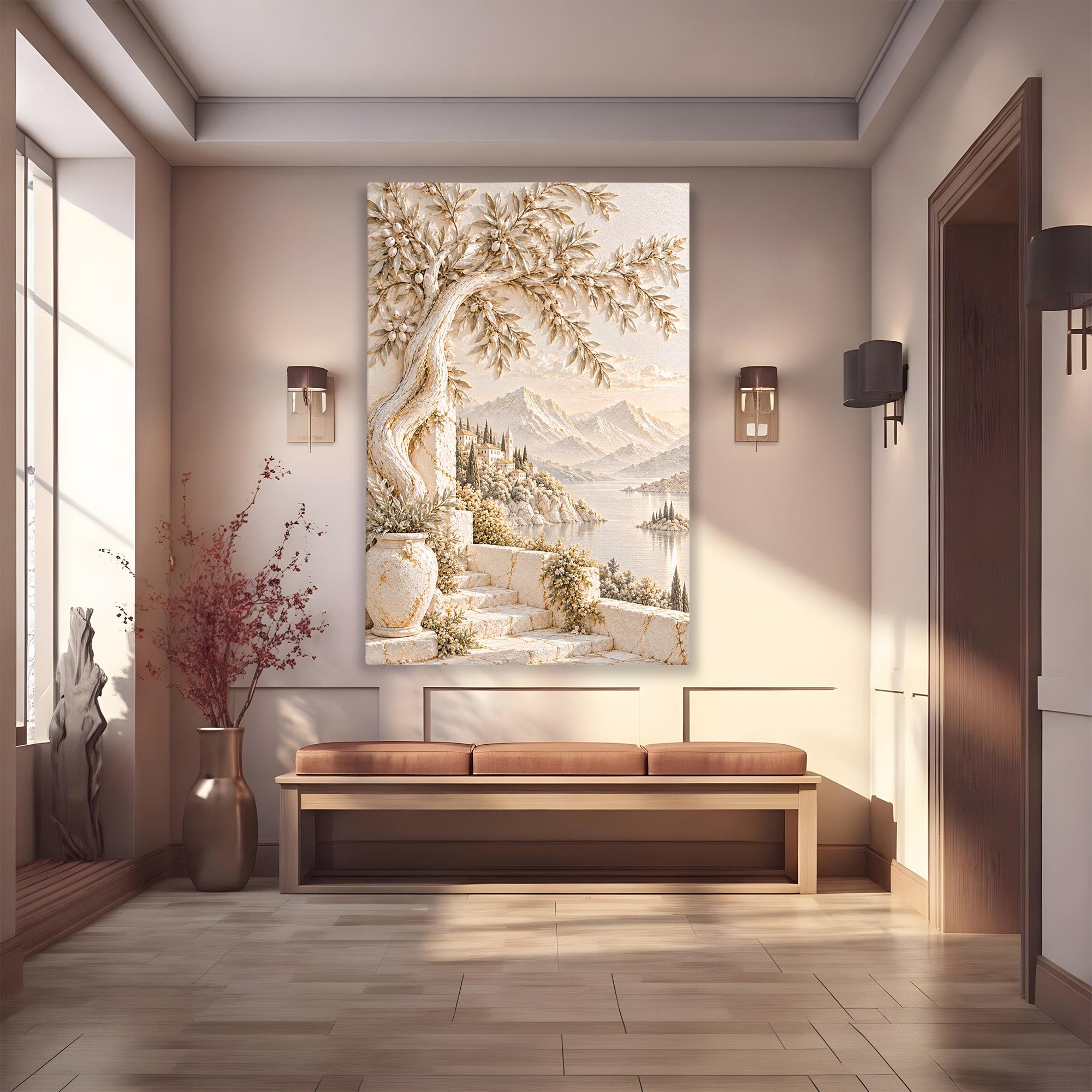 Tablou Canvas Premium LuxCanva® PI1421, Colt De Lume Mediteraneana, Peisaj, Meditatie, Mare, Munte, Arta, Culori Vibrante, Living, Dormitor