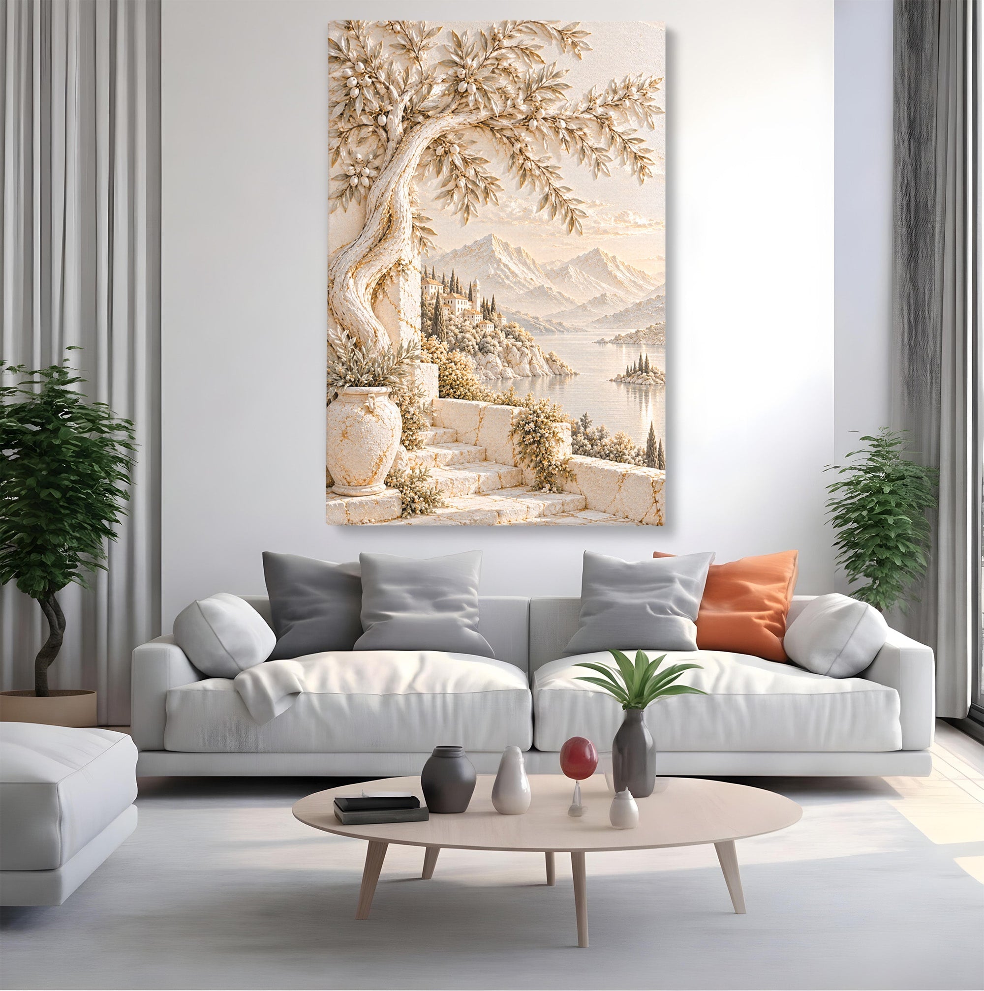 Tablou Canvas Premium LuxCanva® PI1421, Colt De Lume Mediteraneana, Peisaj, Meditatie, Mare, Munte, Arta, Culori Vibrante, Living, Dormitor