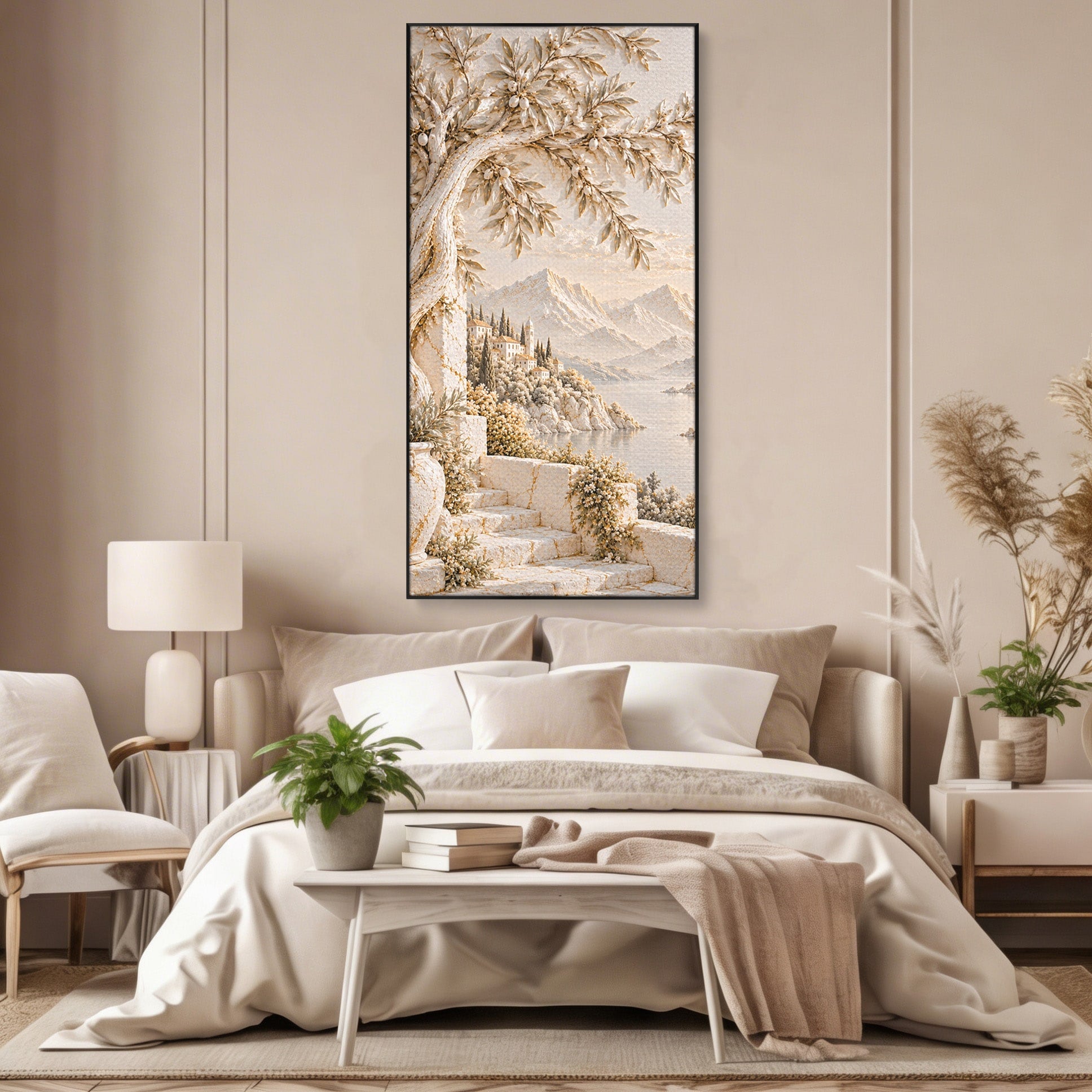 Tablou Canvas Premium LuxCanva® PI1421, Colt De Lume Mediteraneana, Peisaj, Meditatie, Mare, Munte, Arta, Culori Vibrante, Living, Dormitor