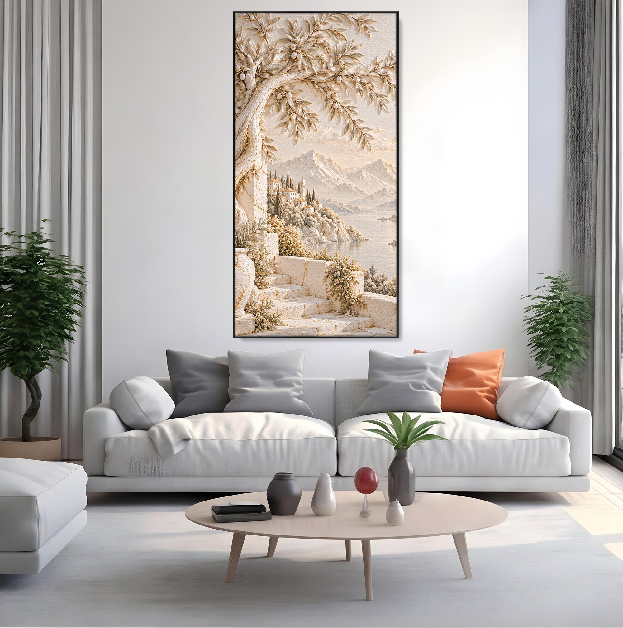 Tablou Canvas Premium LuxCanva® PI1421, Colt De Lume Mediteraneana, Peisaj, Meditatie, Mare, Munte, Arta, Culori Vibrante, Living, Dormitor