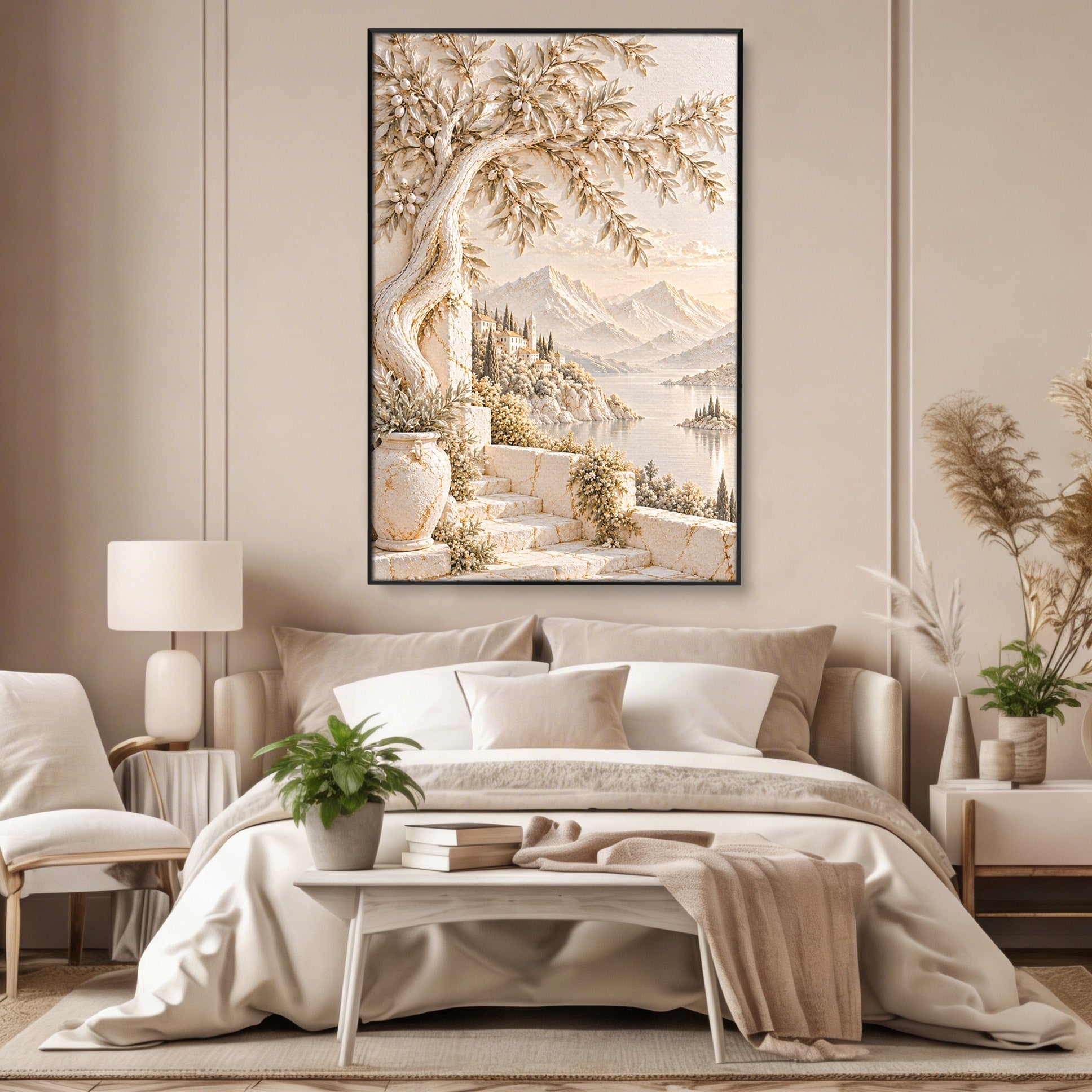 Tablou Canvas Premium LuxCanva® PI1421, Colt De Lume Mediteraneana, Peisaj, Meditatie, Mare, Munte, Arta, Culori Vibrante, Living, Dormitor